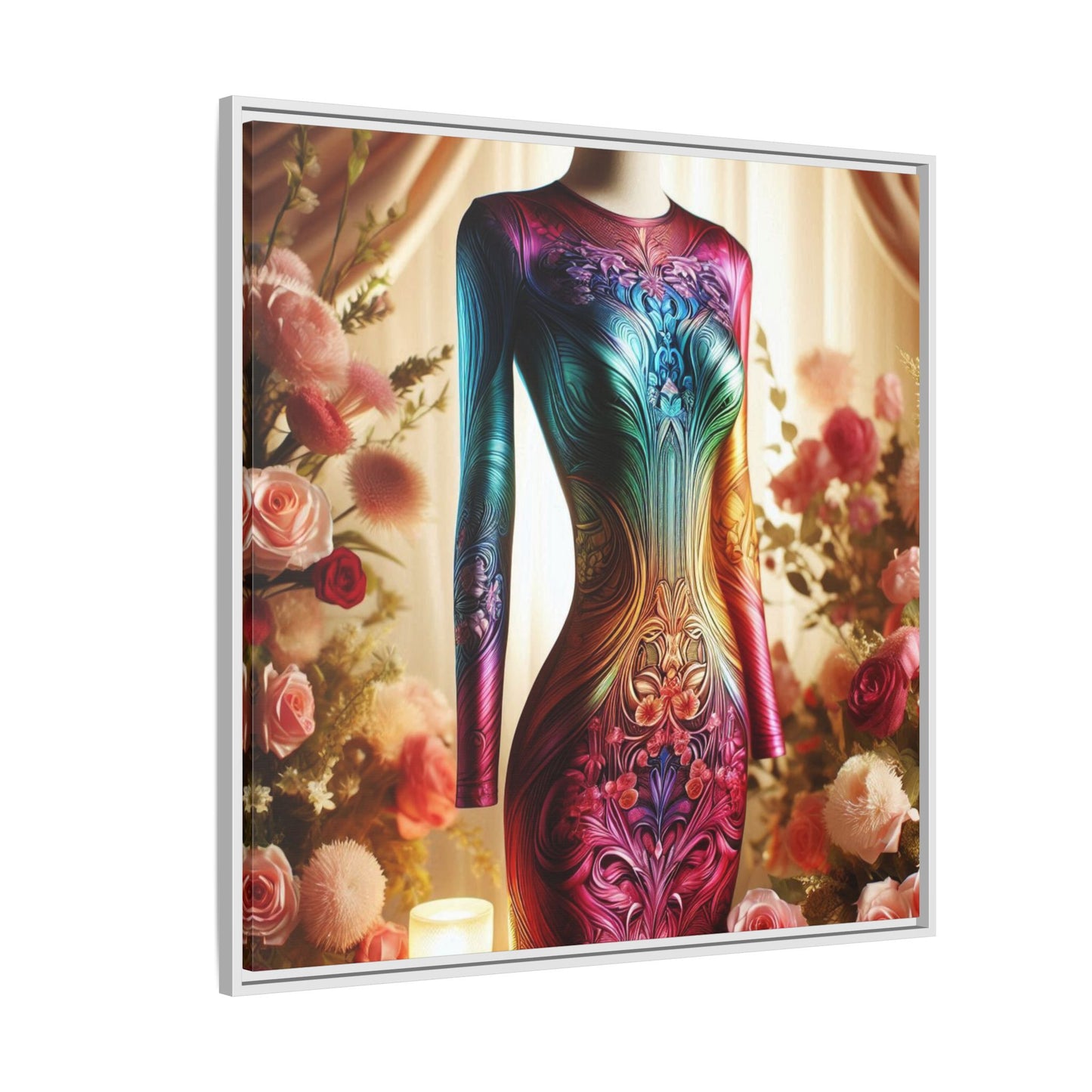 Futuristic Bodycon Runway Dress Framed Canvas Print Wall Art Unique Fashion Designer Style Haute Couture Fashionista Gift 3 Frame Colors
