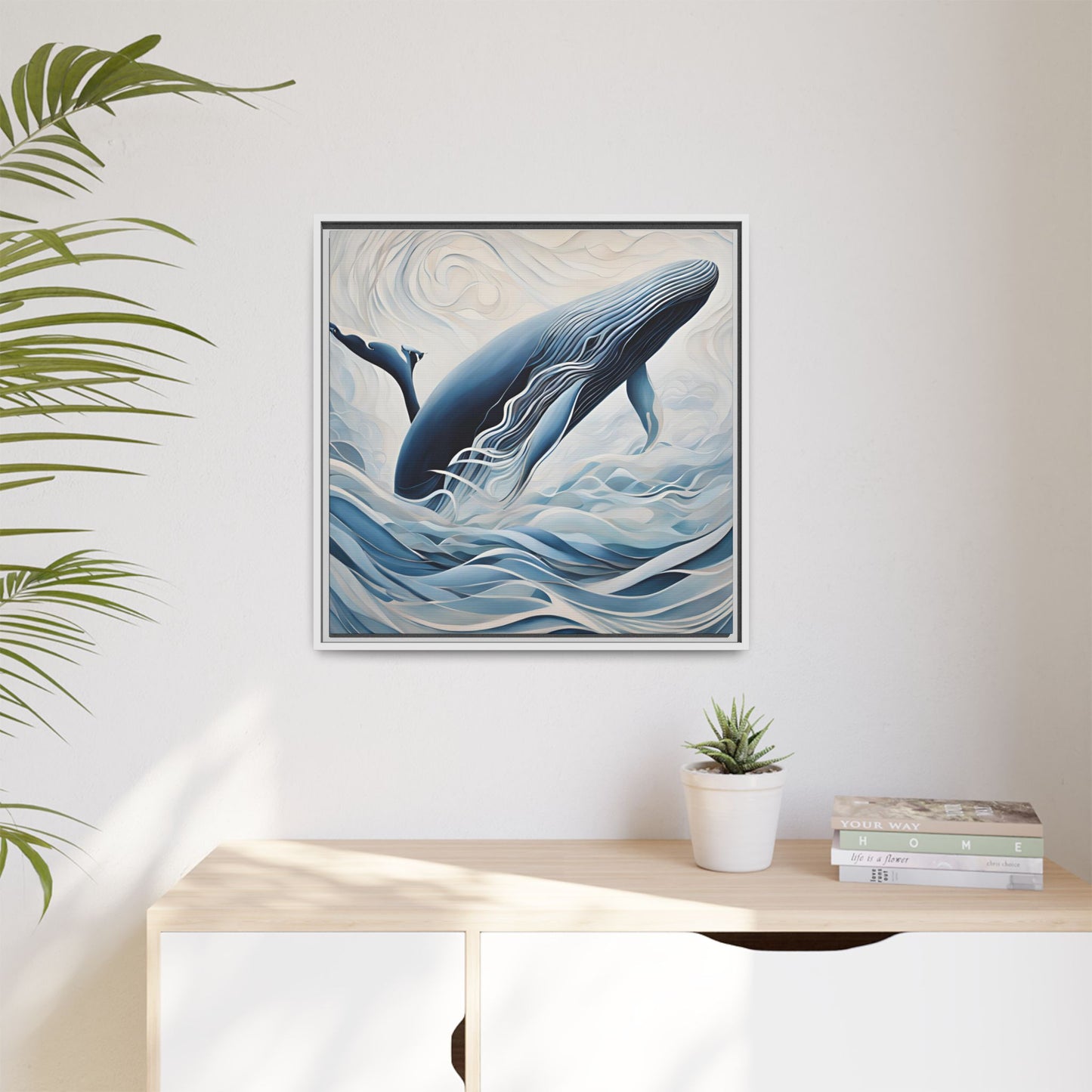 Modern Abstract Whale Wave Design Unique Framed Canvas Wall Art Ocean Beach Gift Nature Lover Gift Underwater Sea Lover Gift 3 frame colors