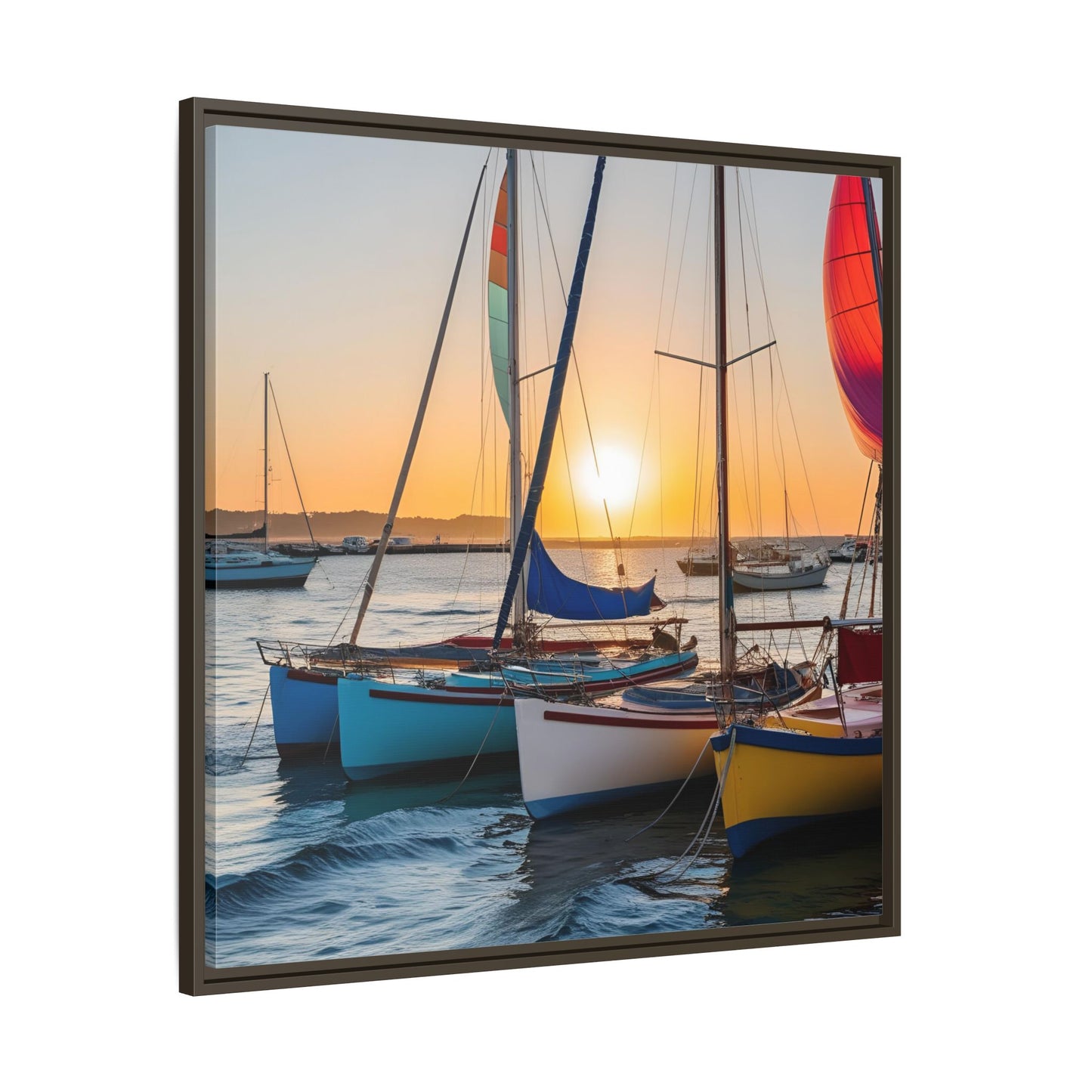 Sailboats at Sunset in Harbor Framed Canvas Wall Art Beach Lover Vacation Oceanic Gift Nature Lover Peaceful Zen Sunrise Art 3 frame colors
