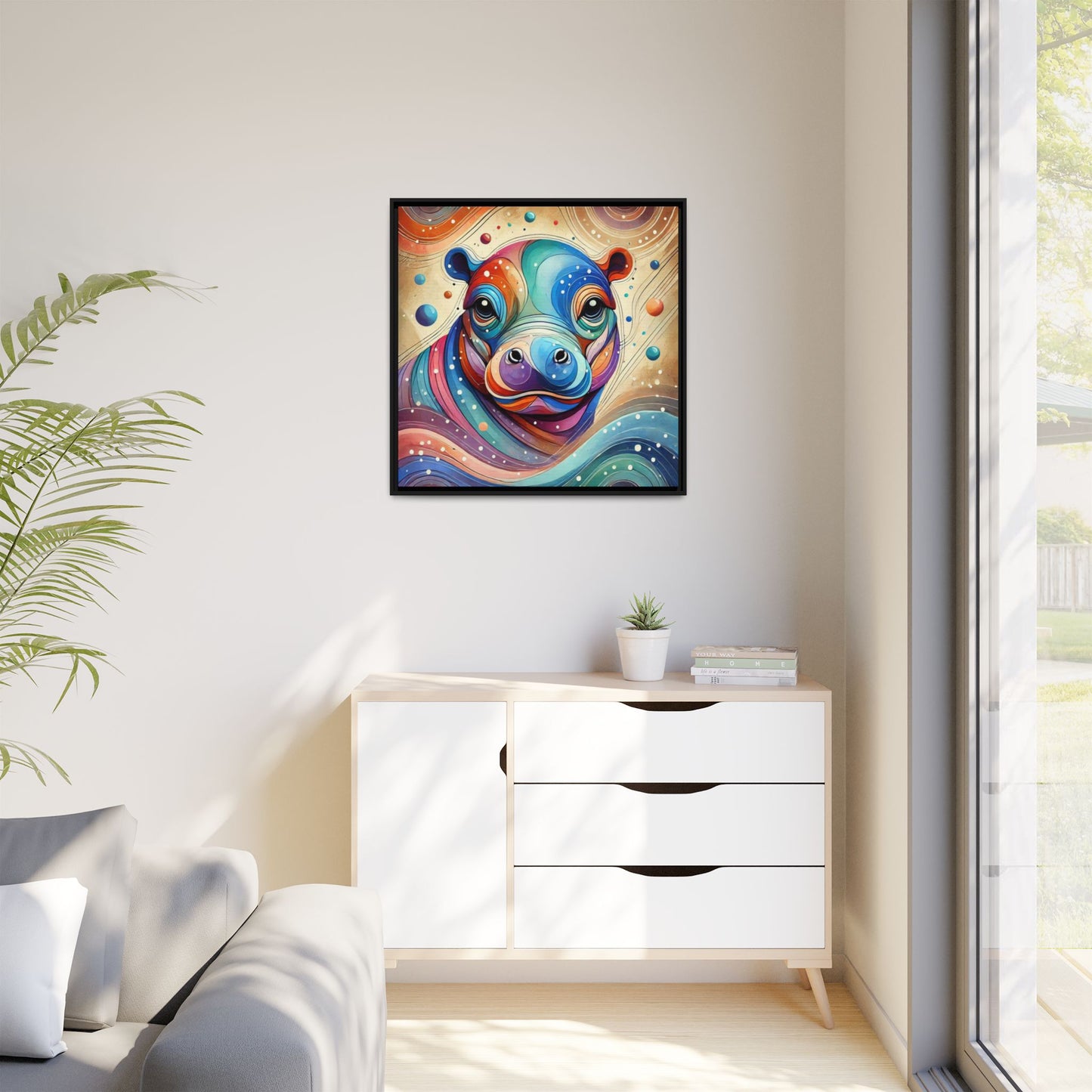 Modern Hippo Print Abstract Design Unique Framed Canvas Print Baby Hippo Wall Art Animal Lover Gift Nature Lover Decor 3 frame colors