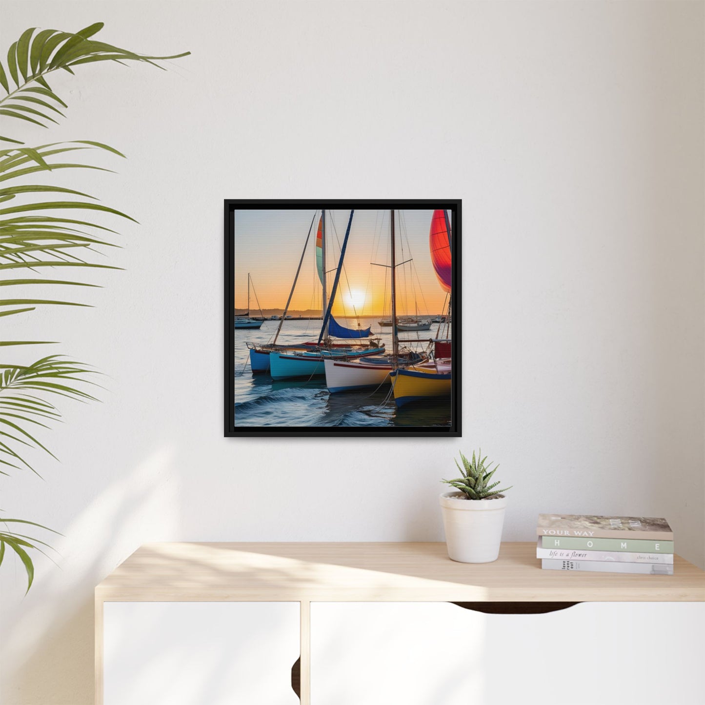 Sailboats at Sunset in Harbor Framed Canvas Wall Art Beach Lover Vacation Oceanic Gift Nature Lover Peaceful Zen Sunrise Art 3 frame colors