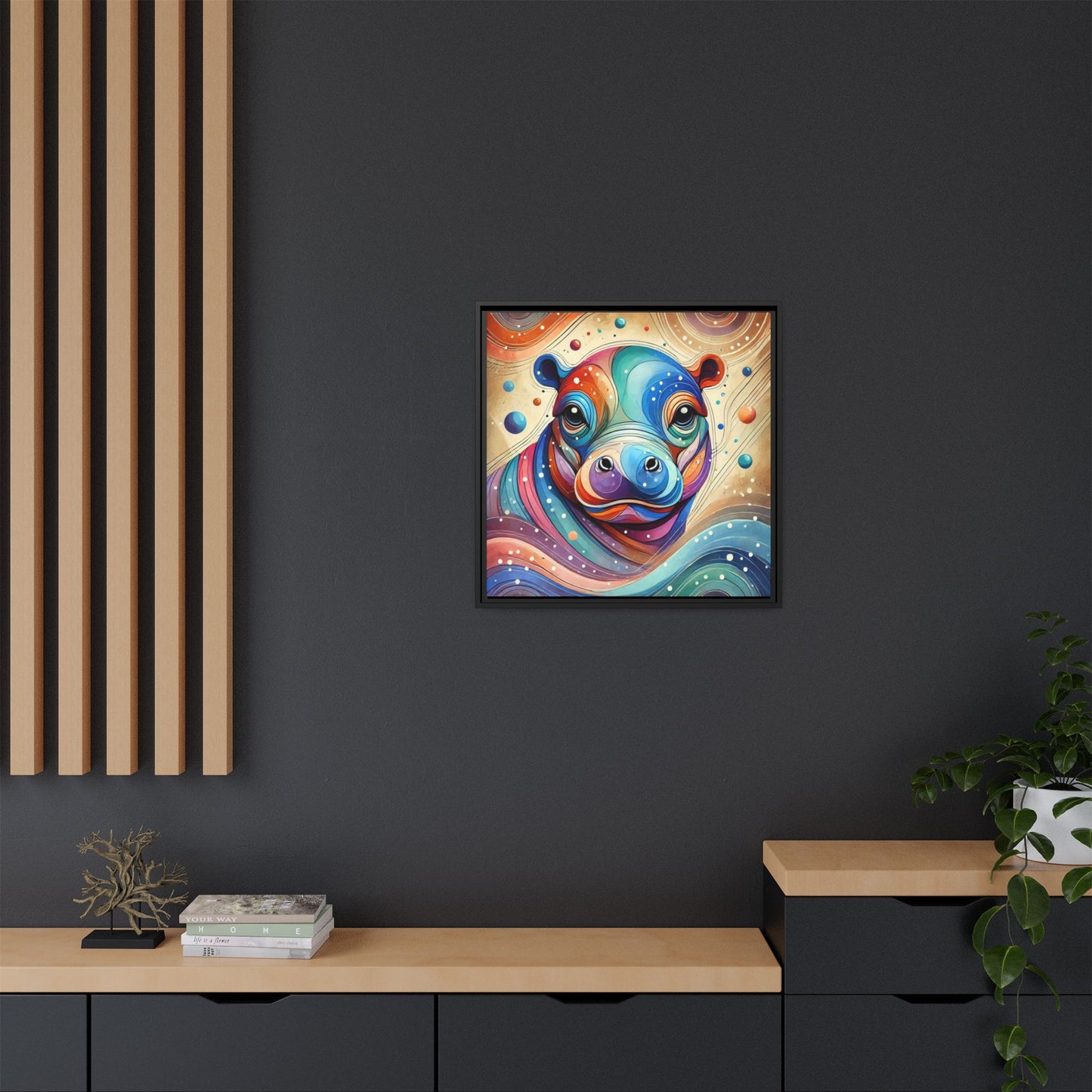 Modern Hippo Print Abstract Design Unique Framed Canvas Print Baby Hippo Wall Art Animal Lover Gift Nature Lover Decor 3 frame colors