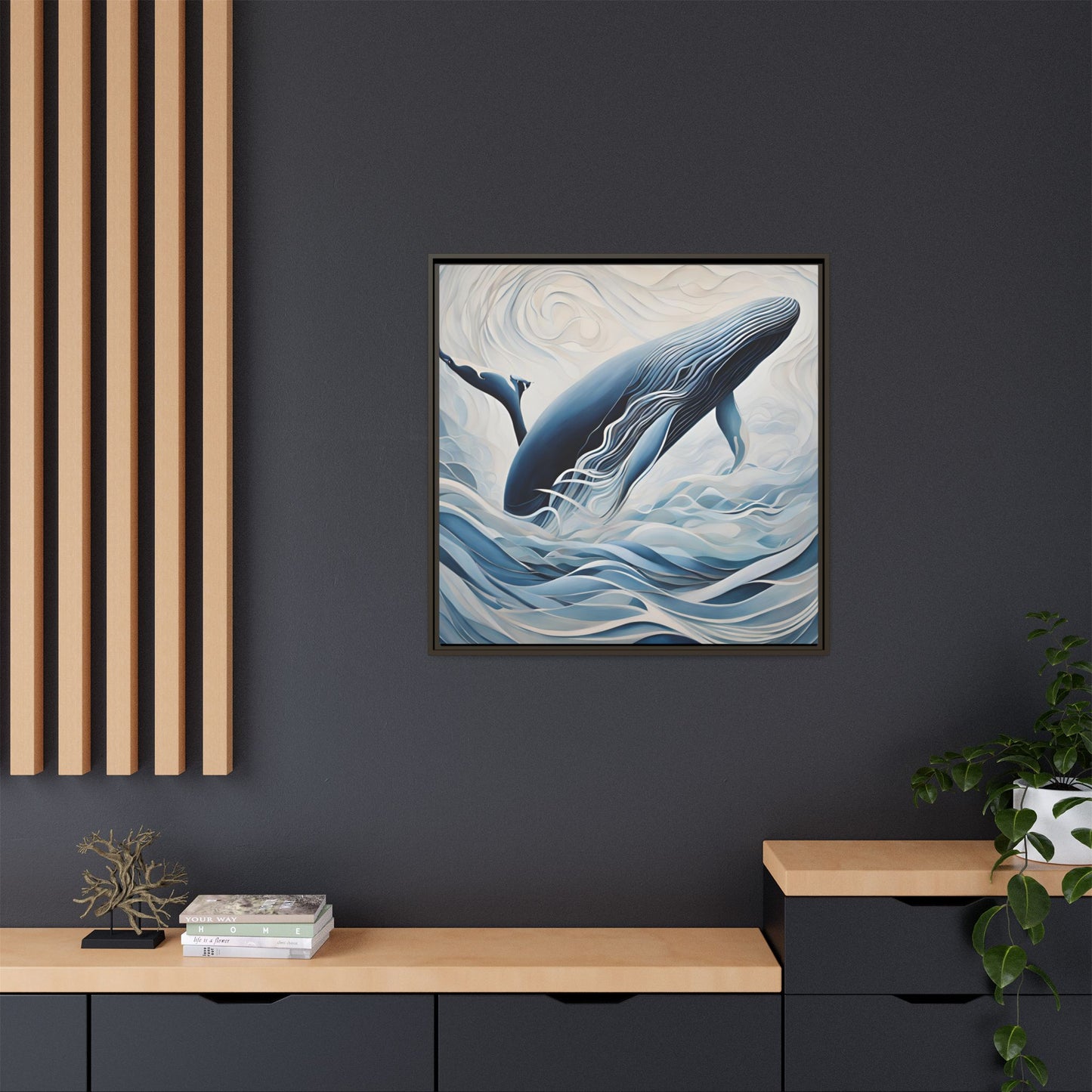 Modern Abstract Whale Wave Design Unique Framed Canvas Wall Art Ocean Beach Gift Nature Lover Gift Underwater Sea Lover Gift 3 frame colors