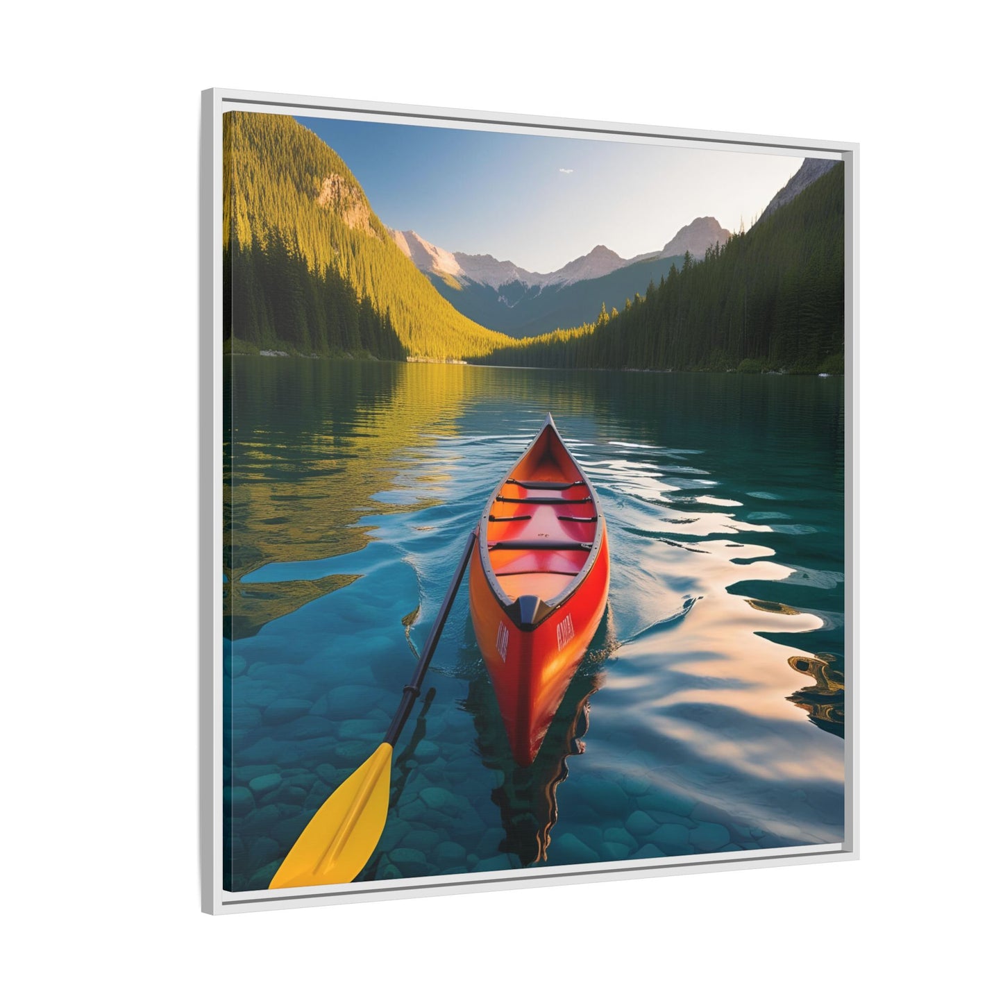 Canoe in the River Framed Canvas Wall Art Mountain Lover Outdoorsman Vacation Kayak Gift Nature Lover Peaceful Zen Gift 3 frame colors