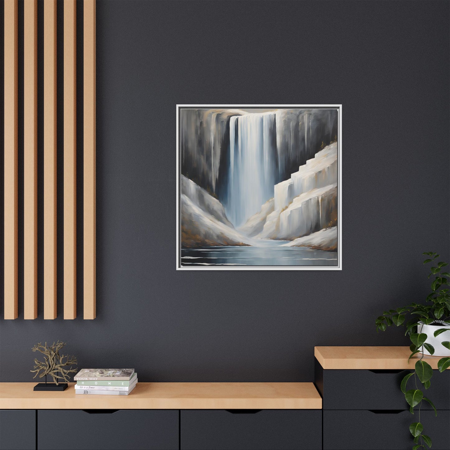 Modern Abstract Waterfall Design Unique Framed Canvas Wall Art Ocean Beach Gift Nature Lover Gift Mountain Landscape Gift 3 frame colors
