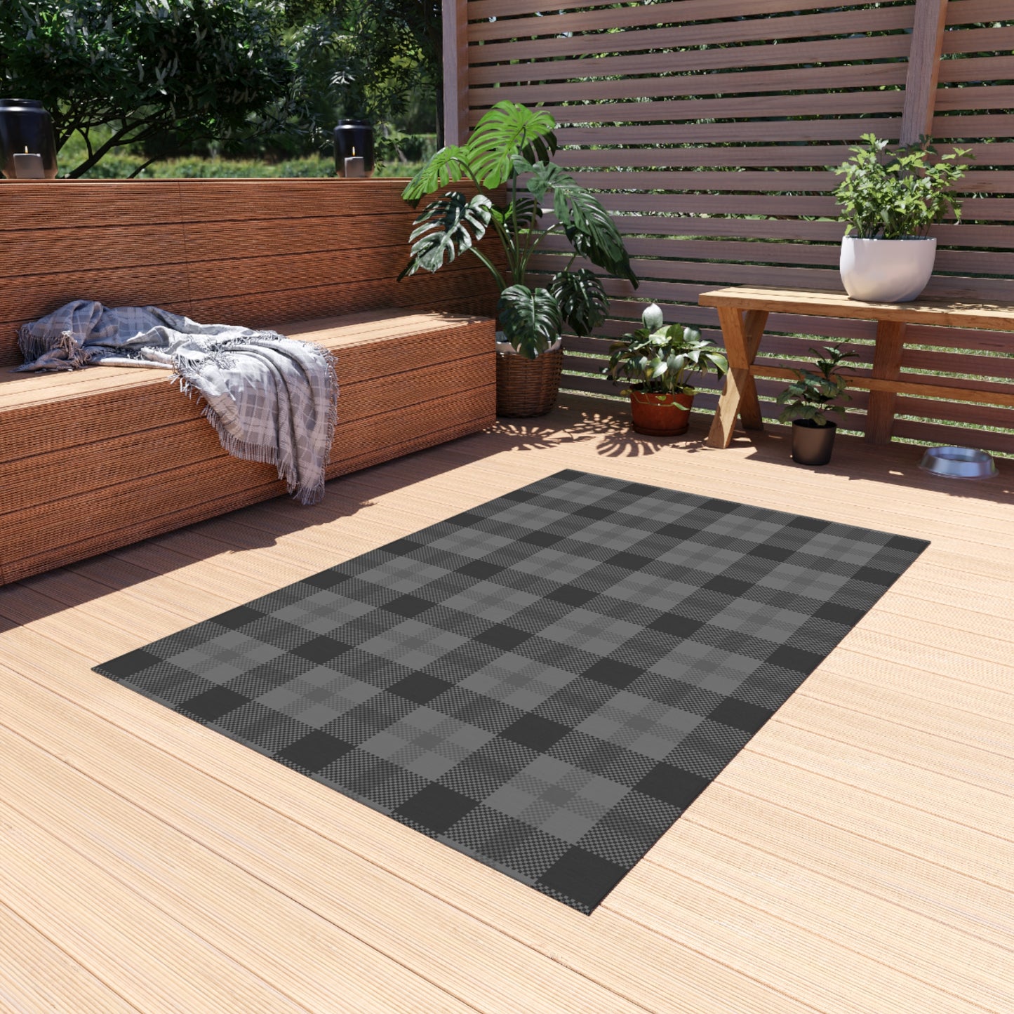 Checker Pattern Chenille Outdoor Rug with No-Skid Backing Cozy Outdoor Carpet Patio Decor Gazebo Rug Pool Area Decor Outdoor Kitchen Carpet