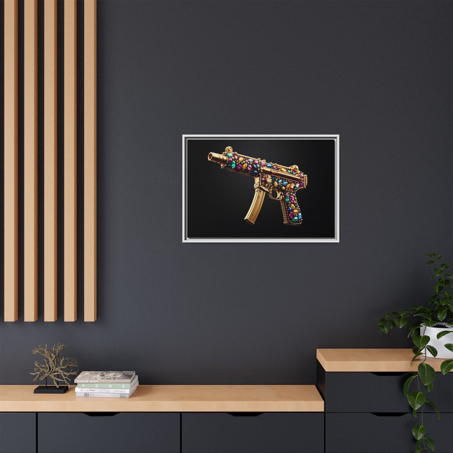 Bejeweled Machine Gun Print AI Design Unique Framed Canvas Print Wall Art Gun Lover Gift Edgy Glam Fantasy Weapon Decor 3 frame colors