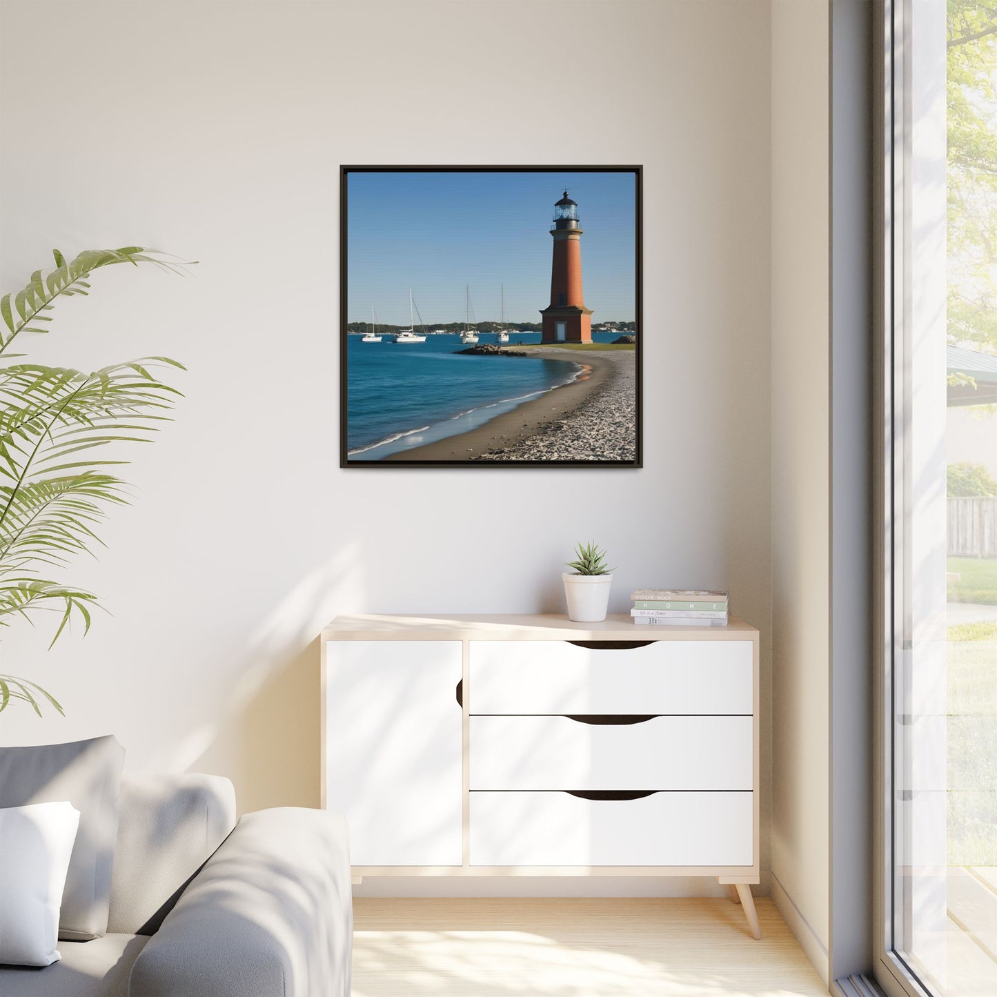 Lighthouse on the Beach Unique Framed Canvas Print Wall Art Nature Lover Gift Beachy Sailboats in the Ocean Vacation Decor 3 frame colors