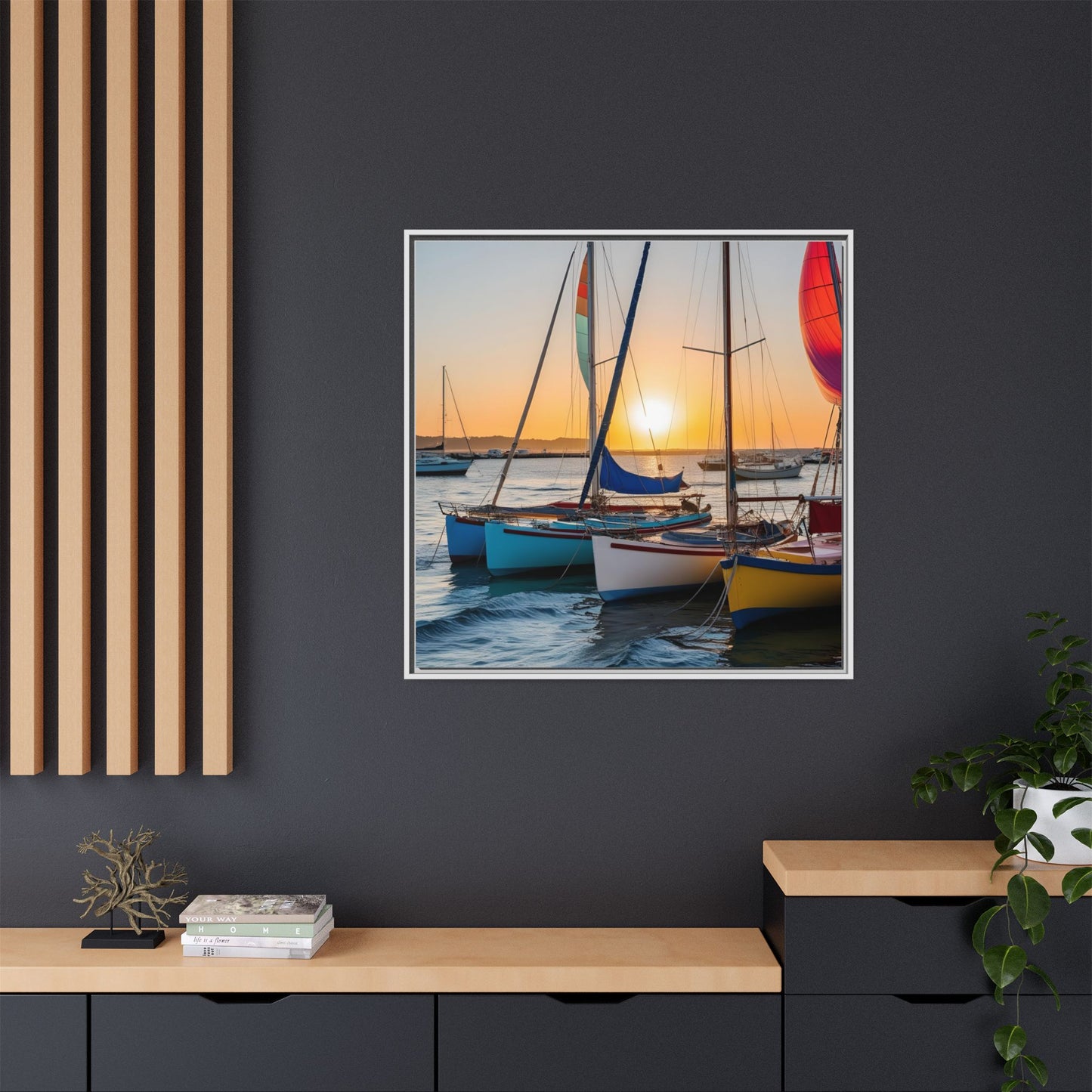 Sailboats at Sunset in Harbor Framed Canvas Wall Art Beach Lover Vacation Oceanic Gift Nature Lover Peaceful Zen Sunrise Art 3 frame colors