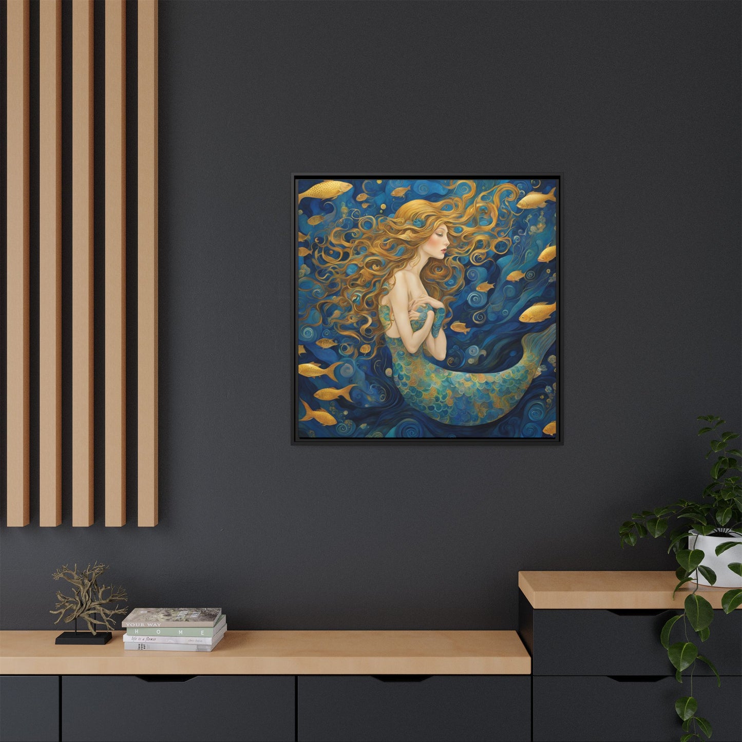 Modern Abstract Mermaid Design Unique Framed Canvas Oceanic Wall Art Underwater Gold Fish Anime Gift Nature Lover Gift 3 frame colors