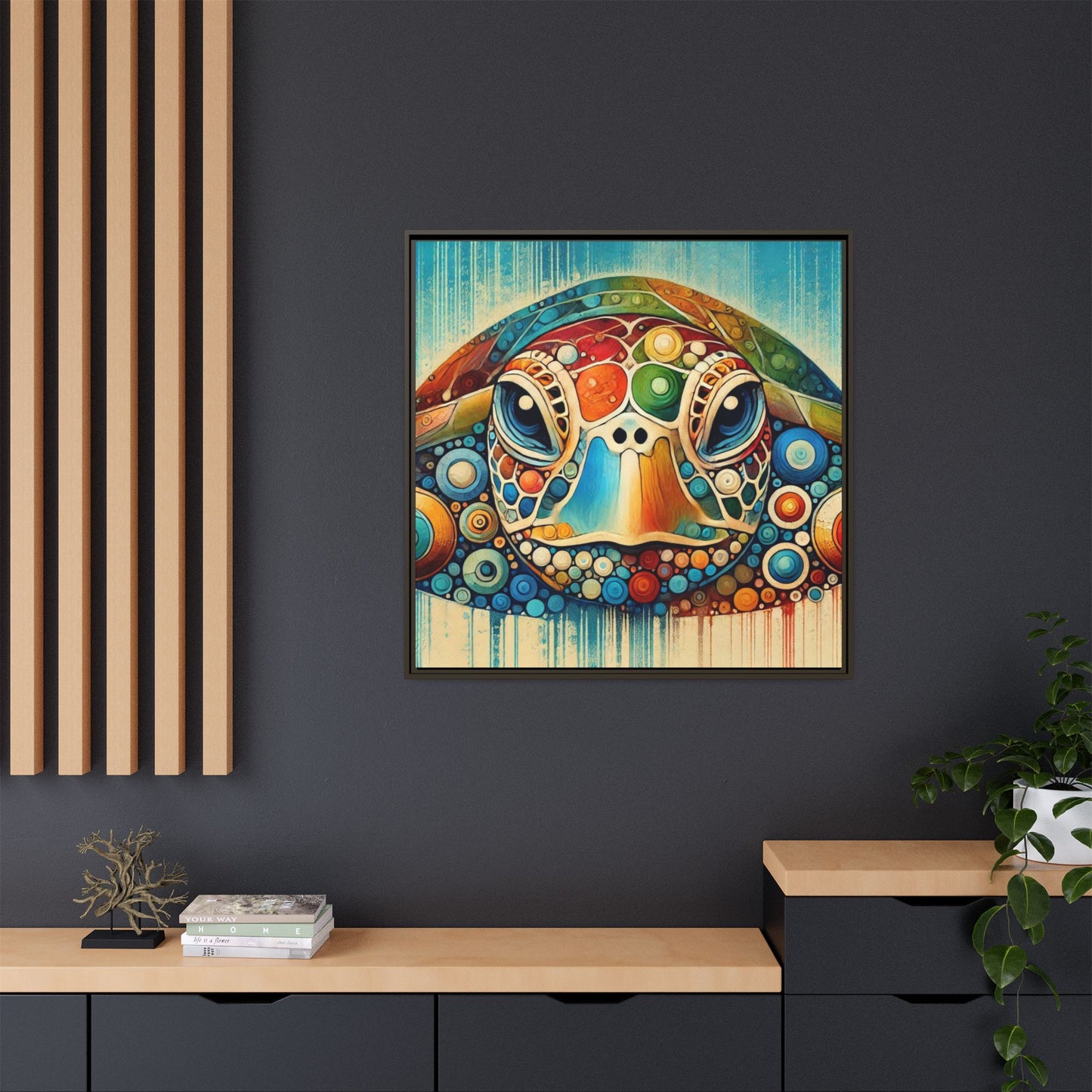 Modern Sea Turtle Print Abstract Design Unique Framed Canvas Print Oceanic Beachy Wall Art Animal Lover Nature Lover Decor 3 frame colors