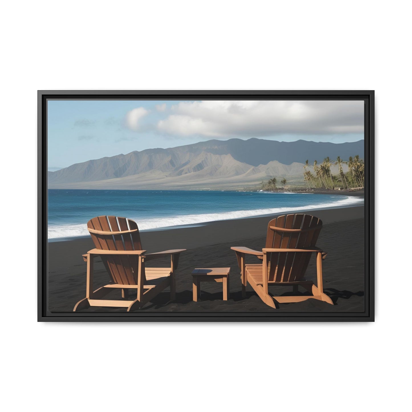 Chairs on the Maui Black Sand Beach Print Unique Framed Canvas Print Wall Art Gift Beachy Nature Lover Ocean Waves Decor 3 frame colors