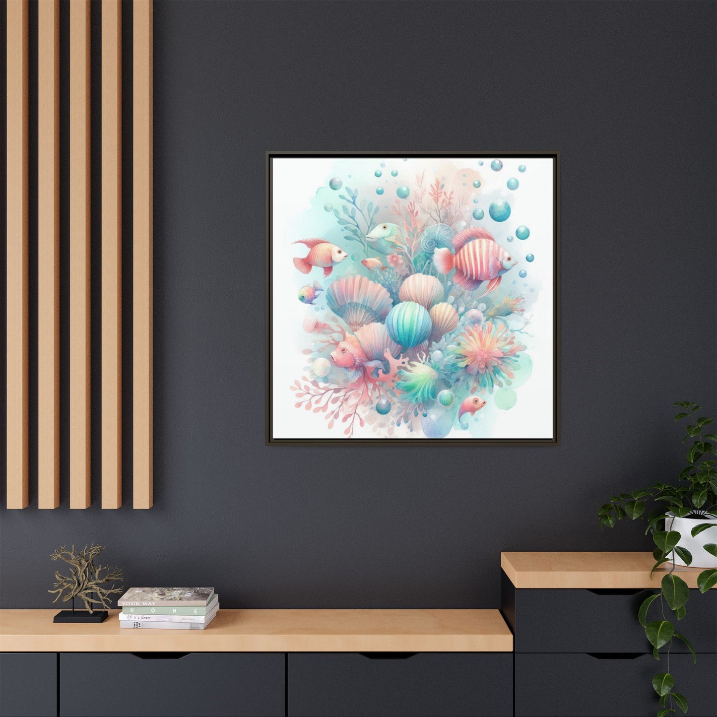 Whimsical Nursery Decor Pastel Underwater Design Unique Sweet Baby Room Framed Canvas Ocean Fish Print Unisex Baby Shower Coral Reef Gift
