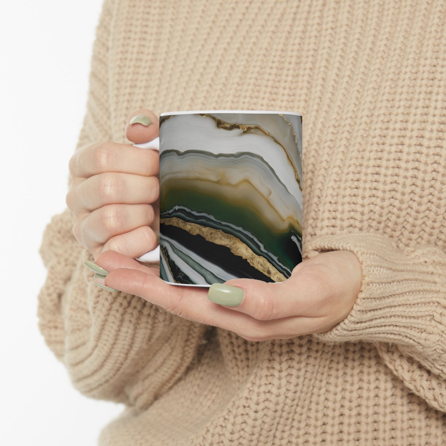 Black, White, Emerald Green and Gold Crystal Marble Design Coffee Tea Mug Boho Gemologist Gift Nature Lover Marble Rock Agate Geology Gift