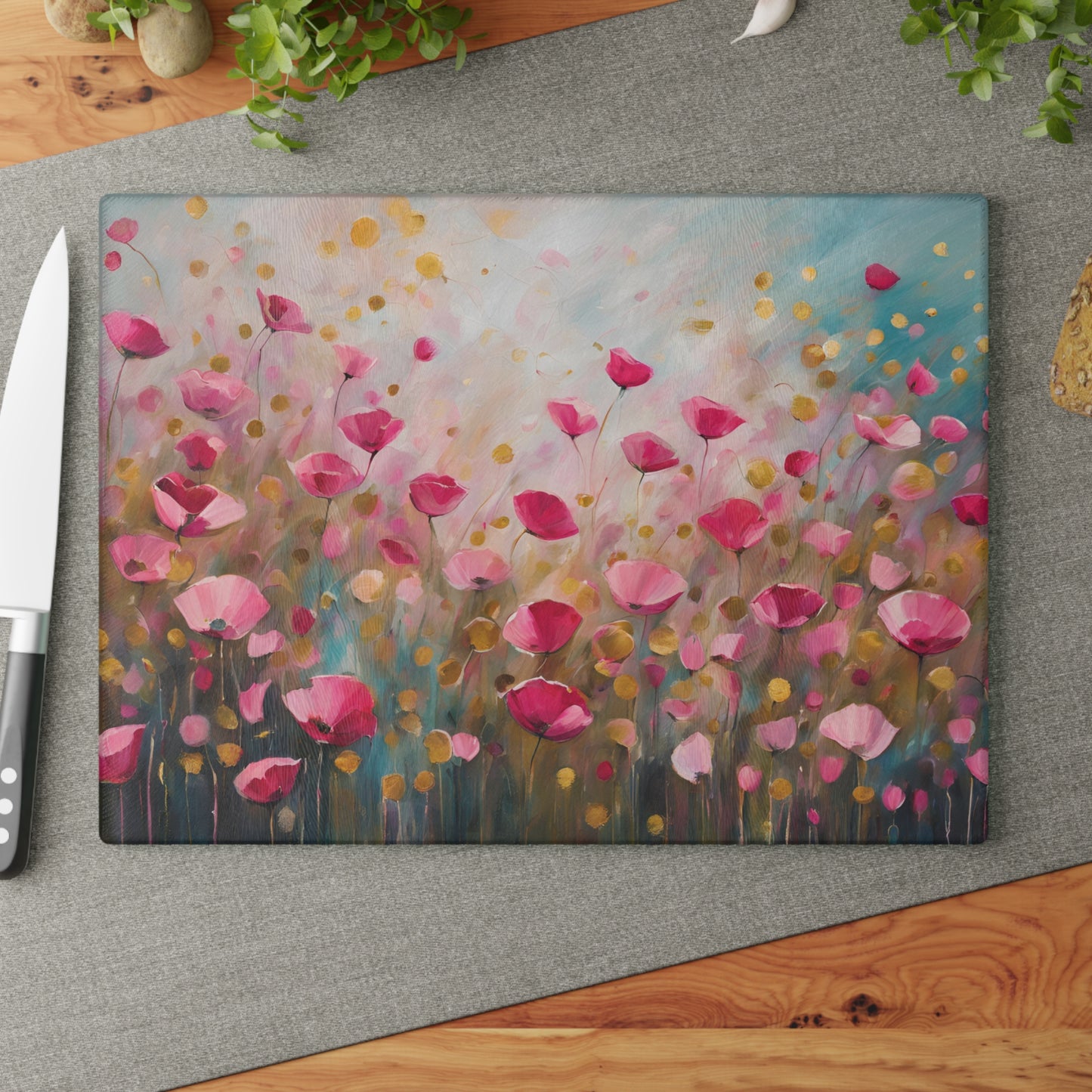 Kitchen Decor Glass Cutting Board Serving Tray with Field of Flowers Pattern Cutting Board Gift for Home Cook Charcuterie Board