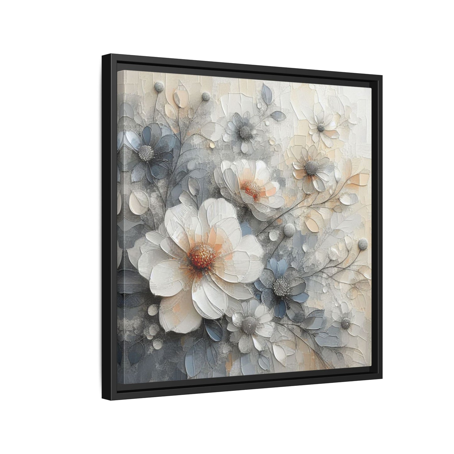 Modern Grey and White Floral Design Unique Framed Canvas Wall Art Flower Lover Gift Nature Lover Gift 3 frame colors