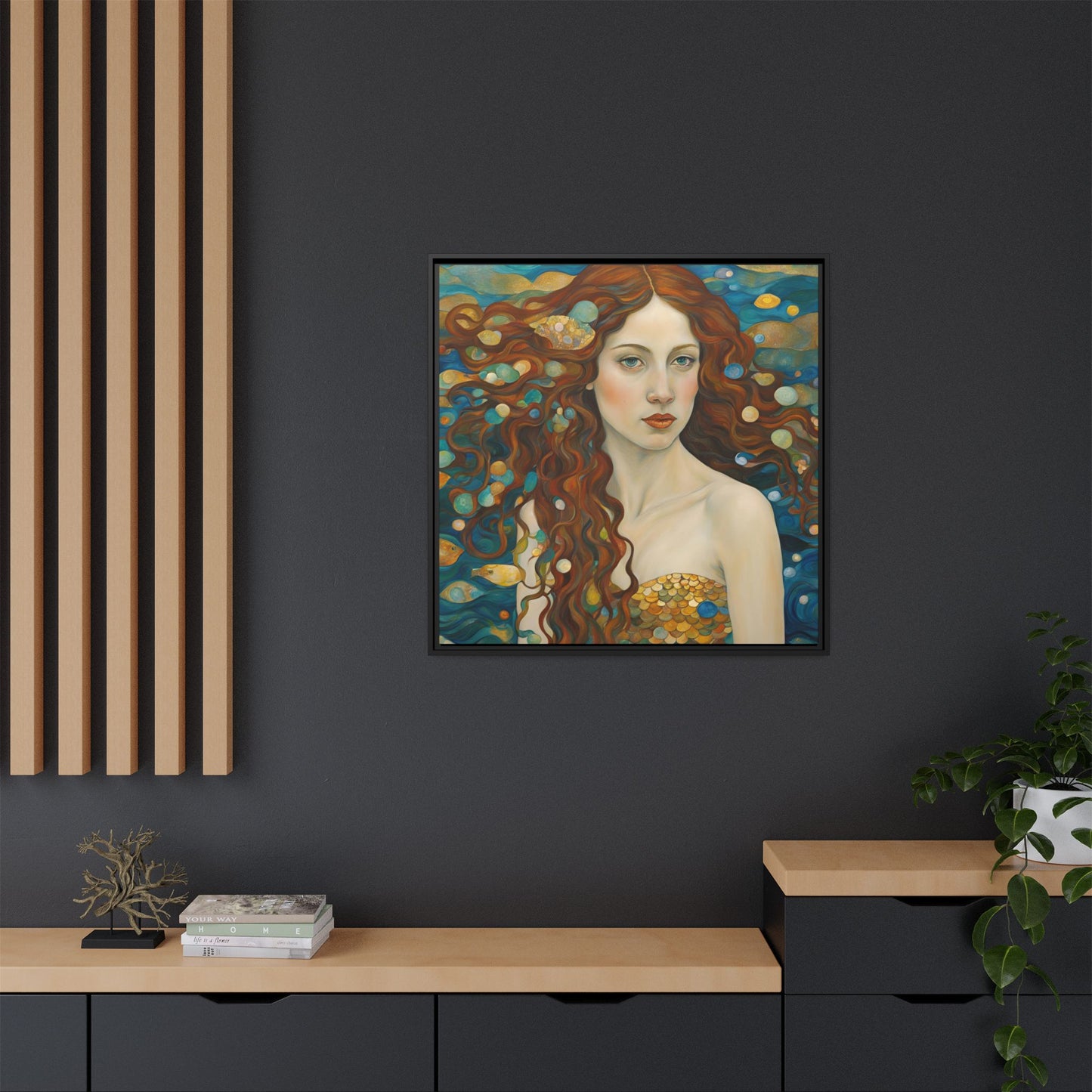 Modern Abstract Mermaid Design Unique Framed Canvas Oceanic Wall Art Underwater Gold Fish Anime Gift Nature Lover Gift 3 frame colors