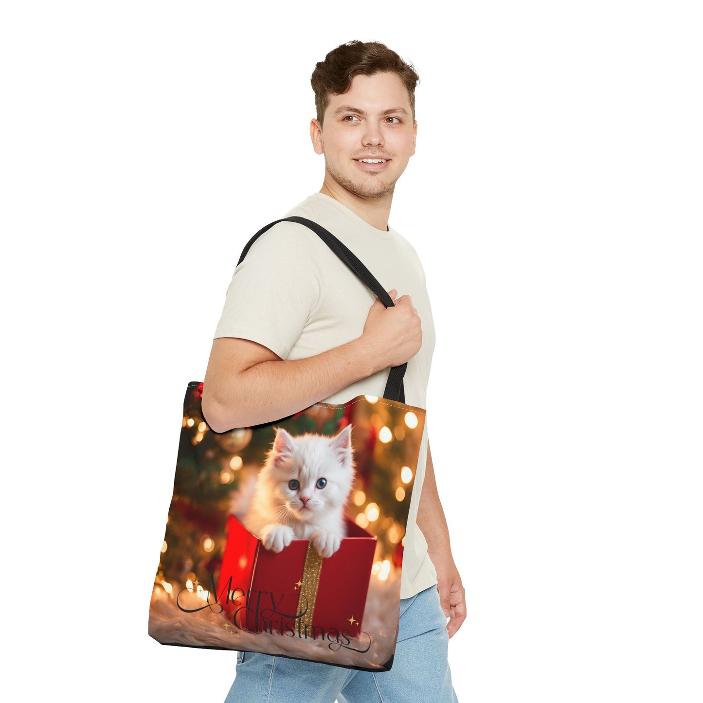 Christmas Kitten Tote Bag Holiday Cheer Gift Glam Winter Accessory Reusable Snowy Winter Town Shopping Bag Xmas Joy Unisex Bag for Him Her