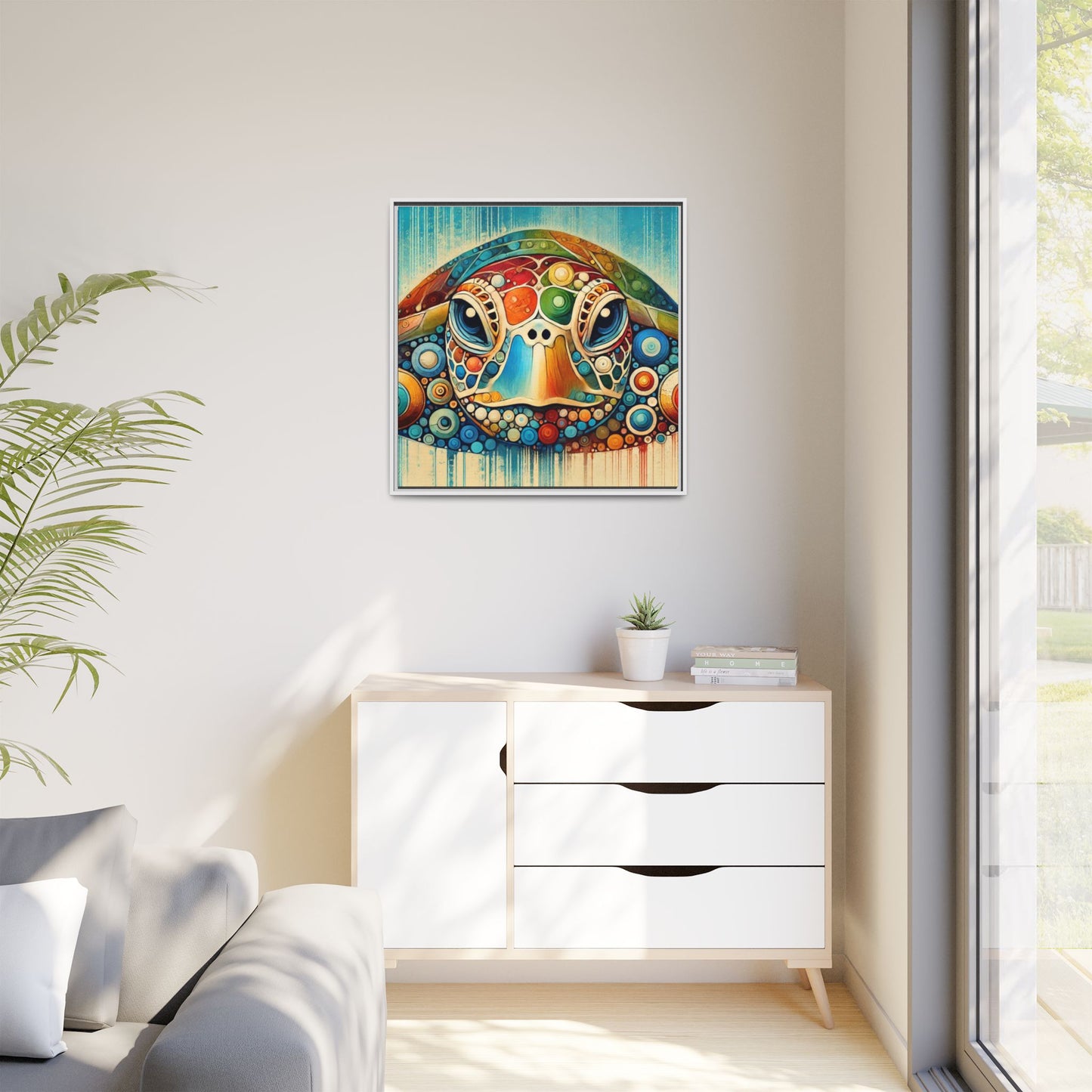 Modern Sea Turtle Print Abstract Design Unique Framed Canvas Print Oceanic Beachy Wall Art Animal Lover Nature Lover Decor 3 frame colors