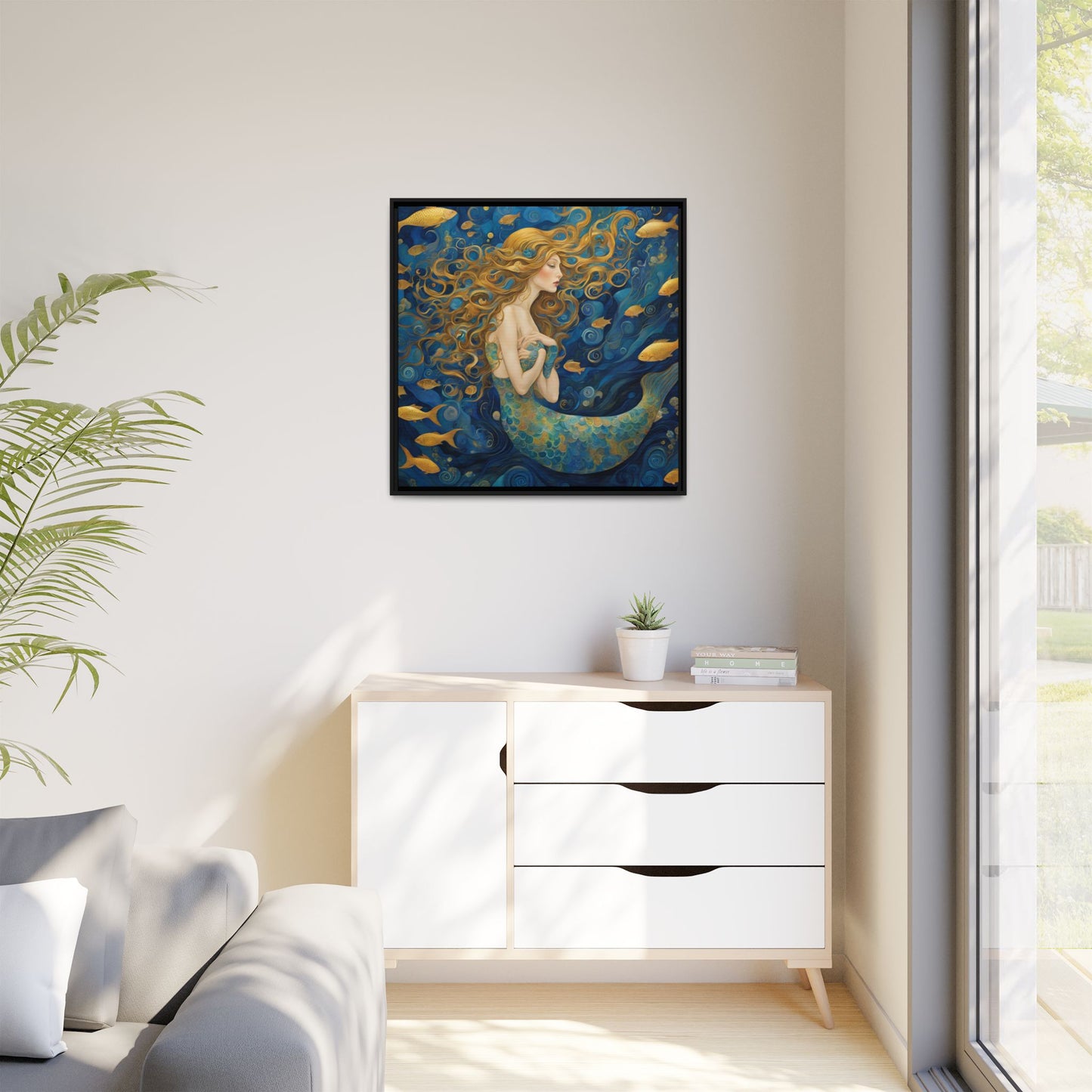 Modern Abstract Mermaid Design Unique Framed Canvas Oceanic Wall Art Underwater Gold Fish Anime Gift Nature Lover Gift 3 frame colors