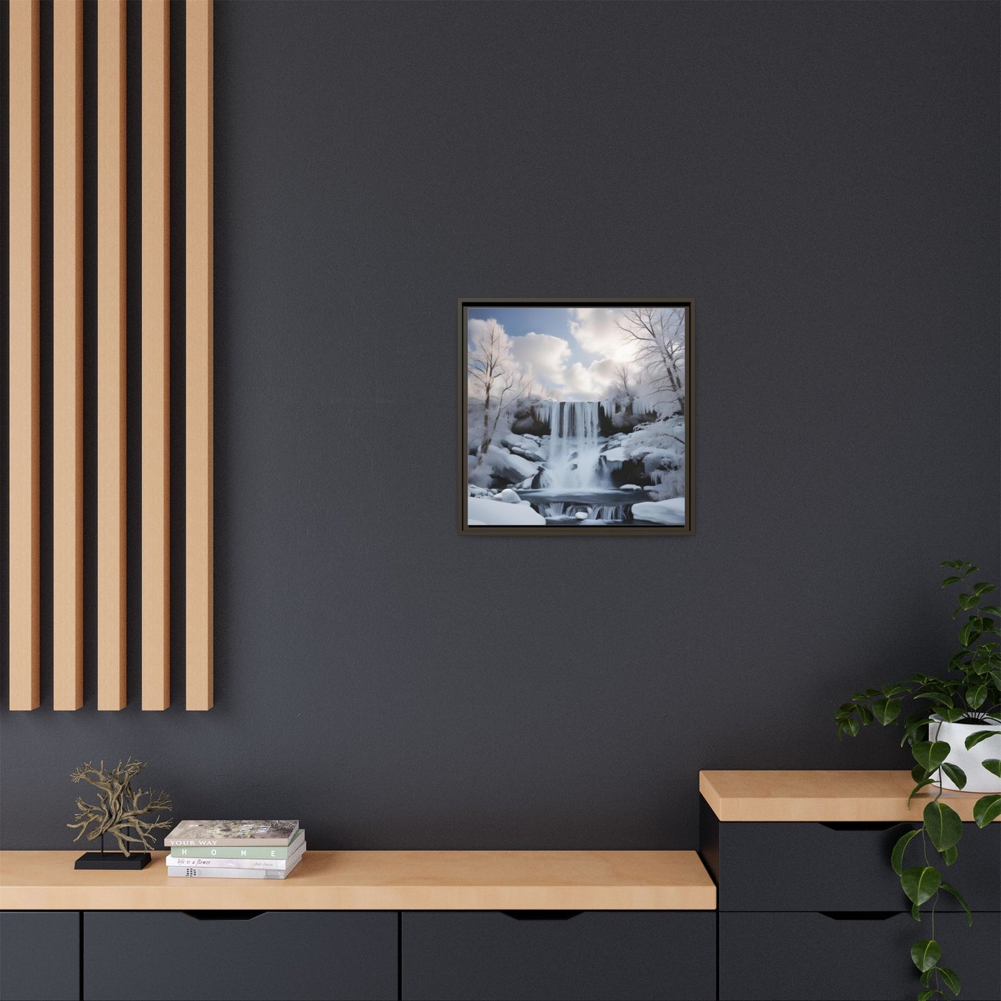 Modern Snowy Waterfall Design Unique Framed Canvas Wall Art Winter Scene Nature Lover Gift Mountain Landscape Decor Gift 3 frame colors