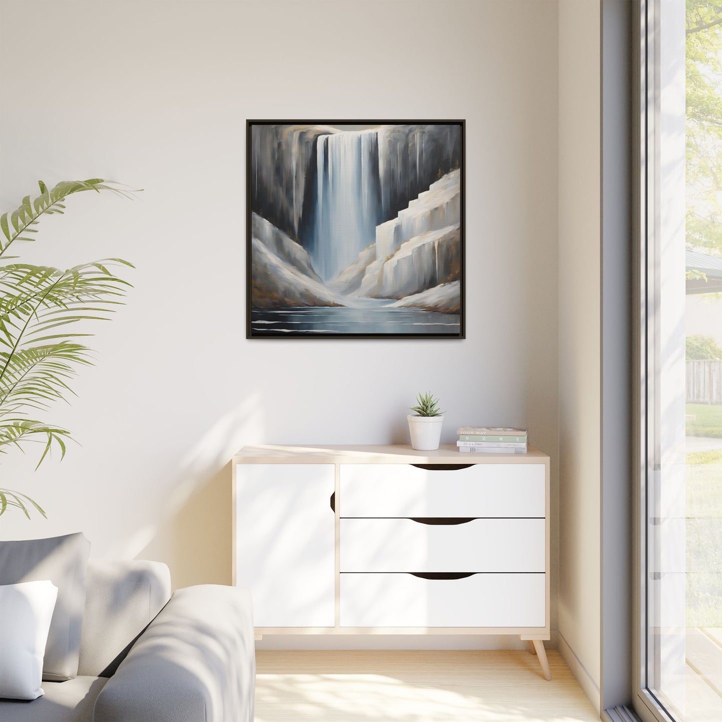 Modern Abstract Waterfall Design Unique Framed Canvas Wall Art Ocean Beach Gift Nature Lover Gift Mountain Landscape Gift 3 frame colors