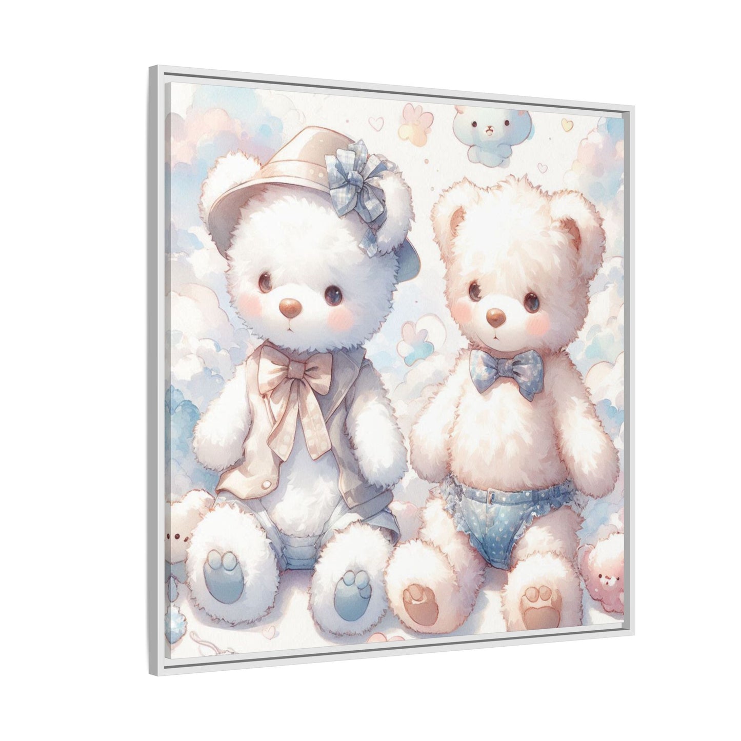 Whimsical Nursery Decor Pastel Floral Teddy Bear Design Wall Art Unique Sweet Baby Room Framed Canvas Print Unisex Baby Shower Gift