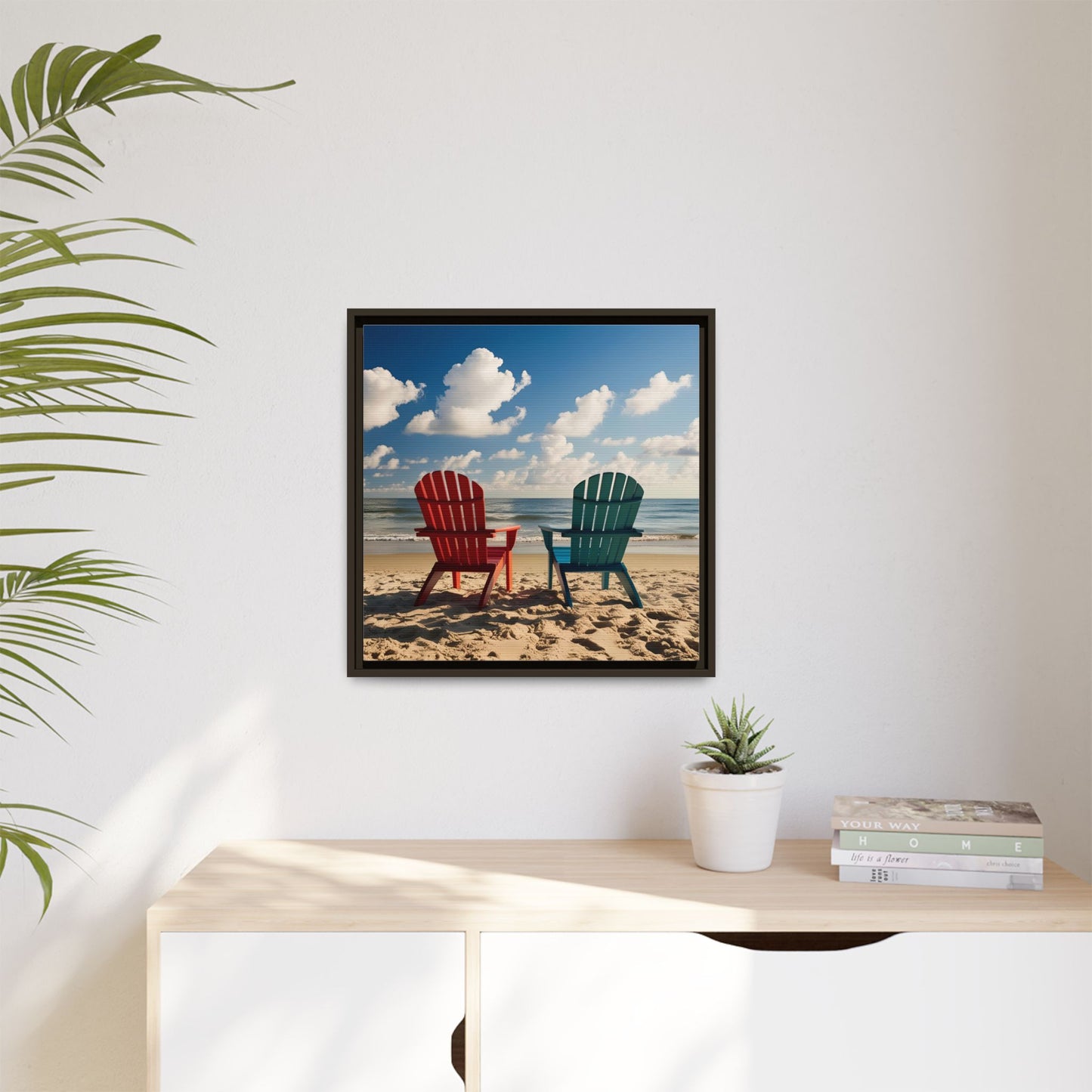 Chairs on the Beach Calm Sunny Day Framed Canvas Wall Art Beach Lover Vacation Oceanic Gift Nature Lover Peaceful Zen Gift 3 frame colors