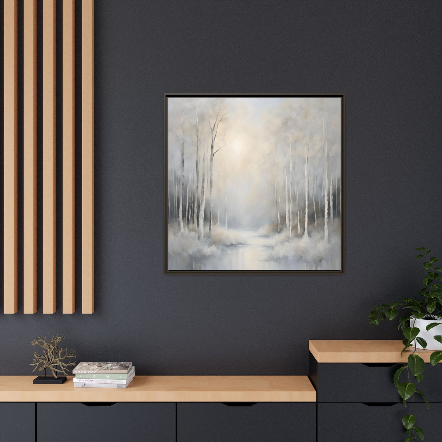 Modern Abstract White Forest Design Unique Framed Canvas Wall Art Ocean Beach Gift Nature Lover Gift 3 frame colors