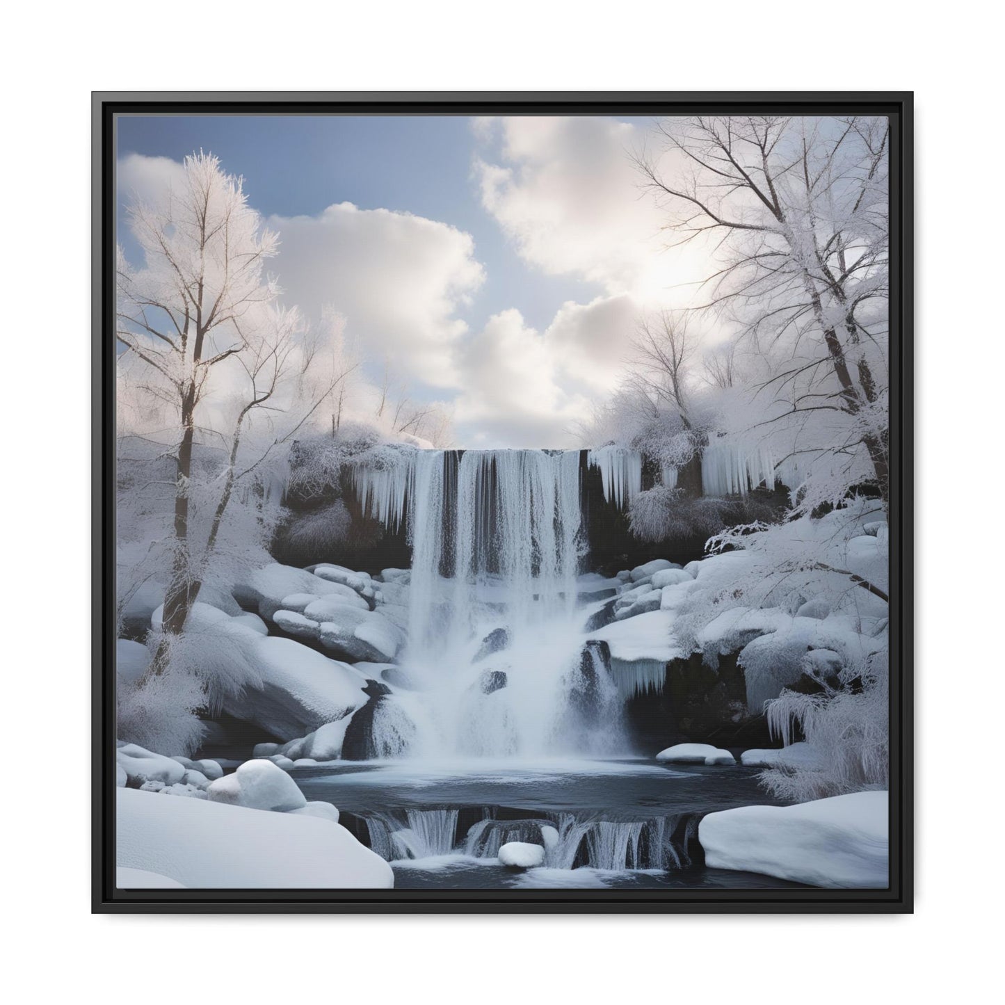Modern Snowy Waterfall Design Unique Framed Canvas Wall Art Winter Scene Nature Lover Gift Mountain Landscape Decor Gift 3 frame colors