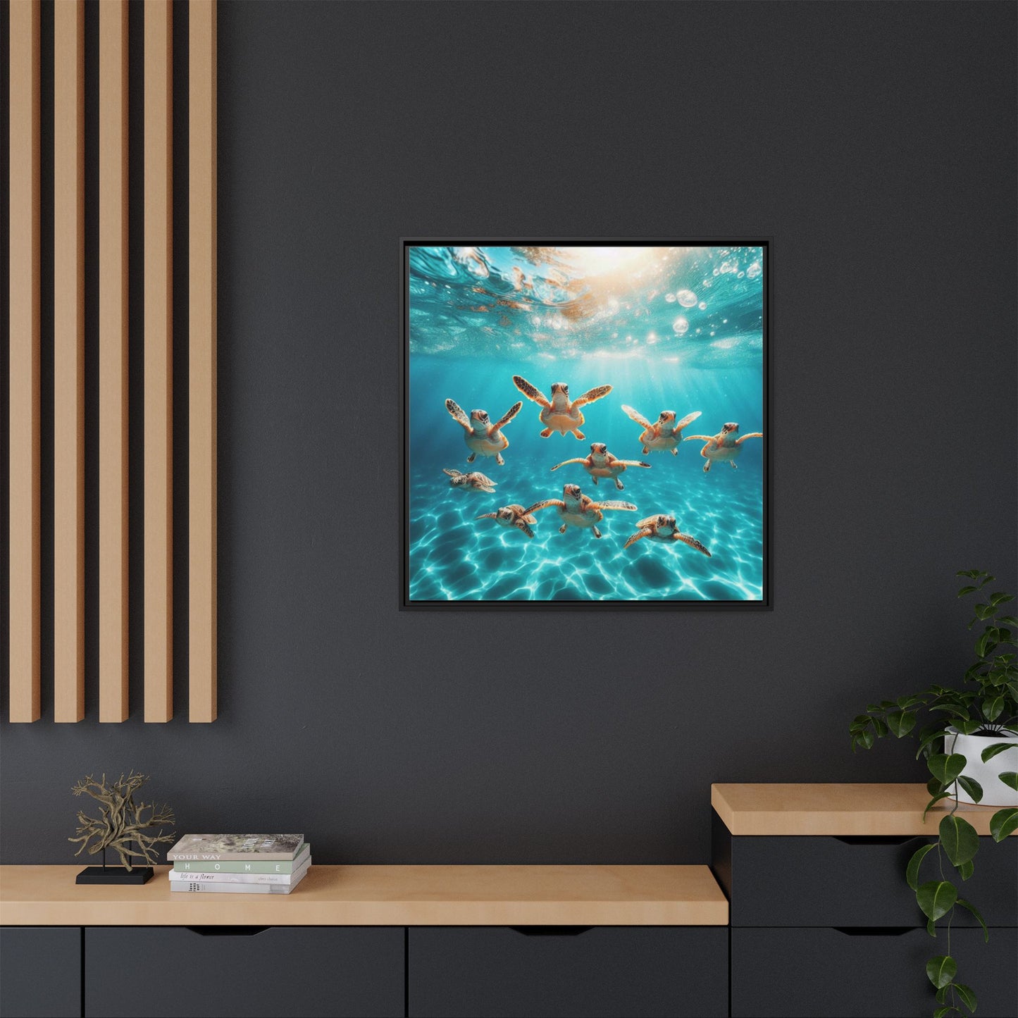 Baby Sea Turtles Out for a Swim Framed Canvas Wall Art Beach Lover Vacation Oceanic Gift Nature Lover Peaceful Zen Gift 3 frame colors