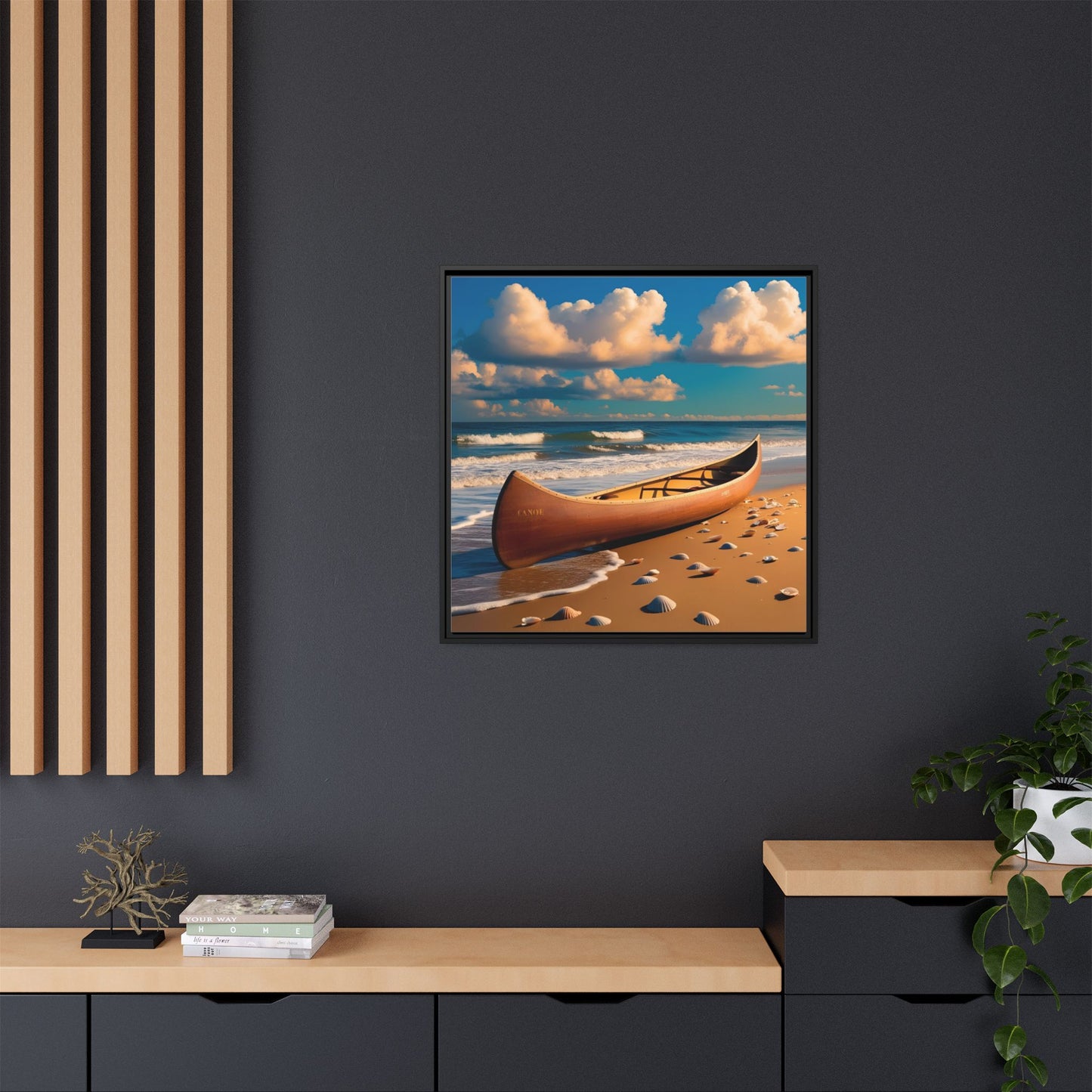 Canoe on the Beach Calm Sunny Day Framed Canvas Wall Art Beach Lover Vacation Oceanic Gift Nature Lover Peaceful Zen Gift 3 frame colors