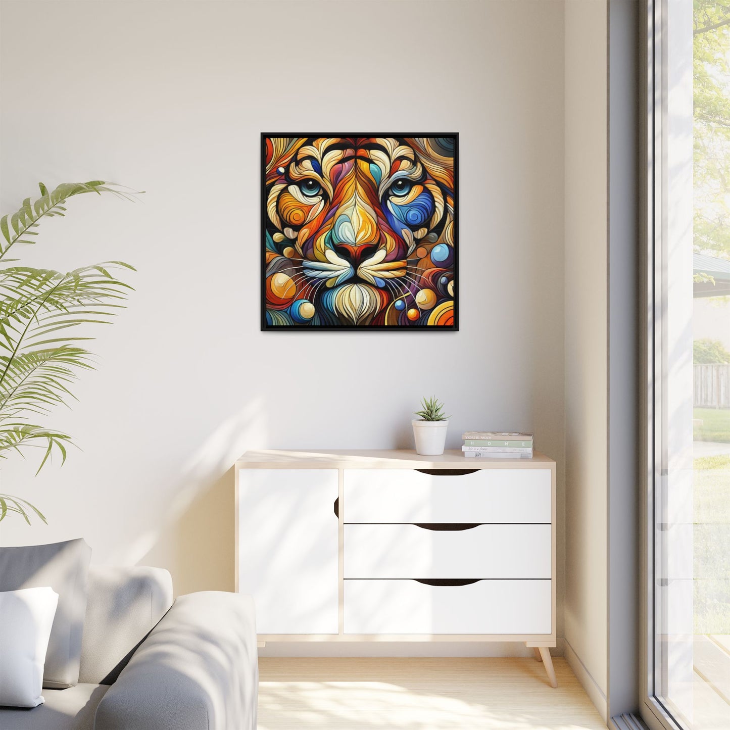 Modern Lion Face Print Abstract Design Unique Framed Canvas Print King of Jungle Wall Art Animal Lover Nature Lover Decor 3 frame colors