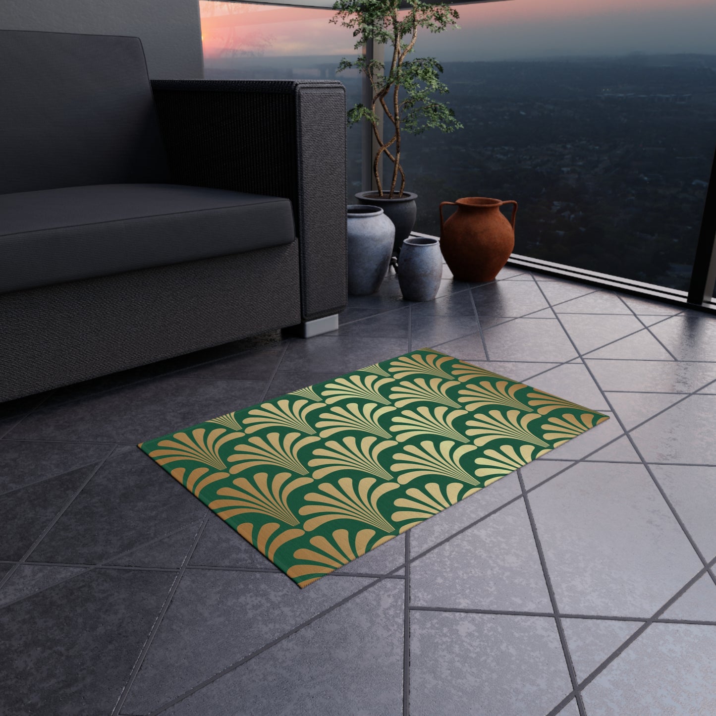 Chenille Outdoor Rug with No-Skid Backing Cozy Green and Gold Outdoor Carpet Patio Decor Gazebo Rug Pool Area Decor Outdoor Kitchen Rug
