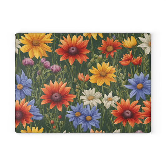 Kitchen Decor Glass Cutting Board Serving Tray with Daisy Design Floral Pattern Cutting Board Gift for Home Cook Charcuterie Board