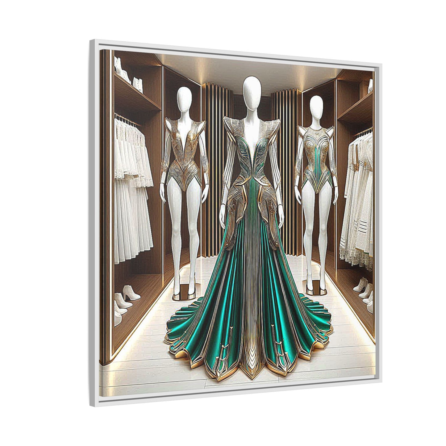 Futuristic Bodycon Runway Dress Framed Canvas Print Wall Art Unique Fashion Designer Style Haute Couture Fashionista Gift 3 Frame Colors