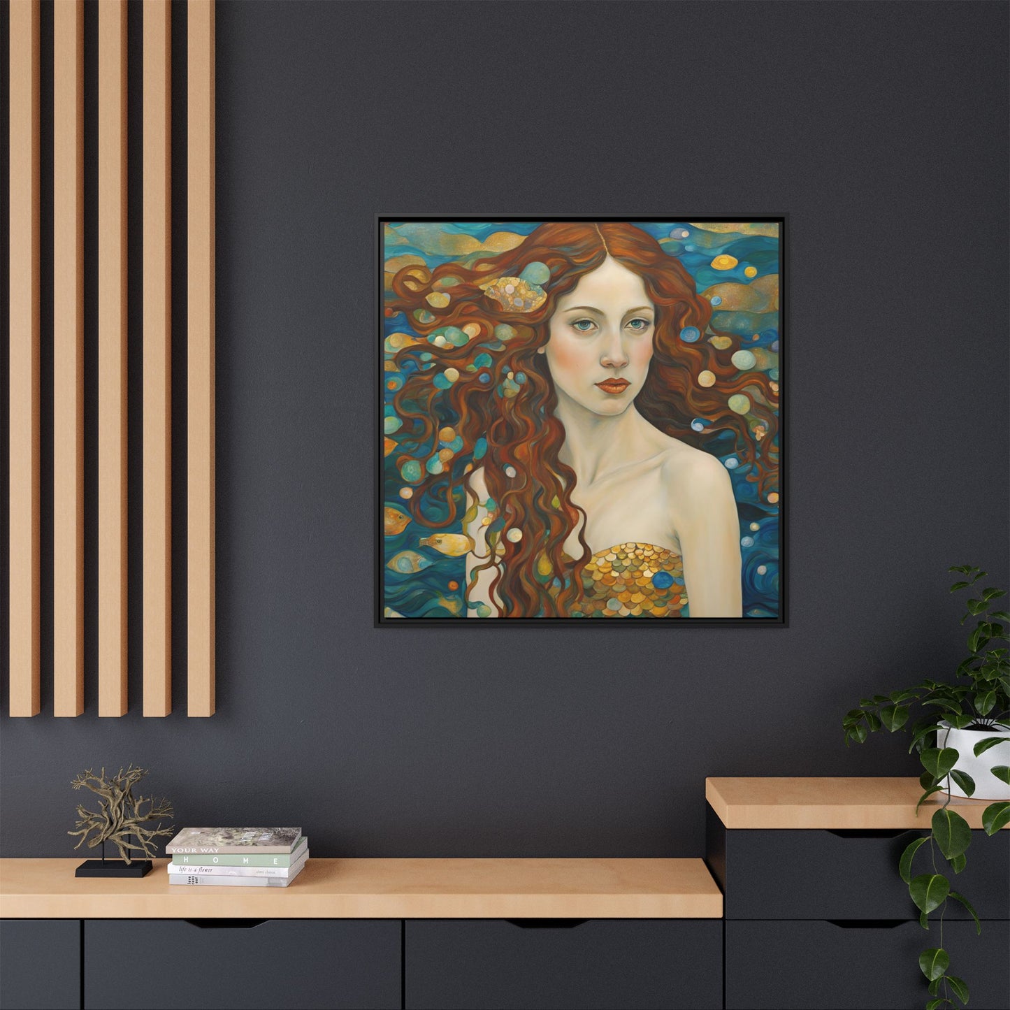 Modern Abstract Mermaid Design Unique Framed Canvas Oceanic Wall Art Underwater Gold Fish Anime Gift Nature Lover Gift 3 frame colors