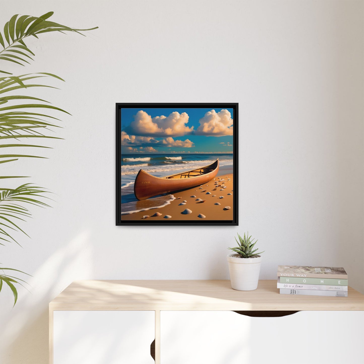Canoe on the Beach Calm Sunny Day Framed Canvas Wall Art Beach Lover Vacation Oceanic Gift Nature Lover Peaceful Zen Gift 3 frame colors