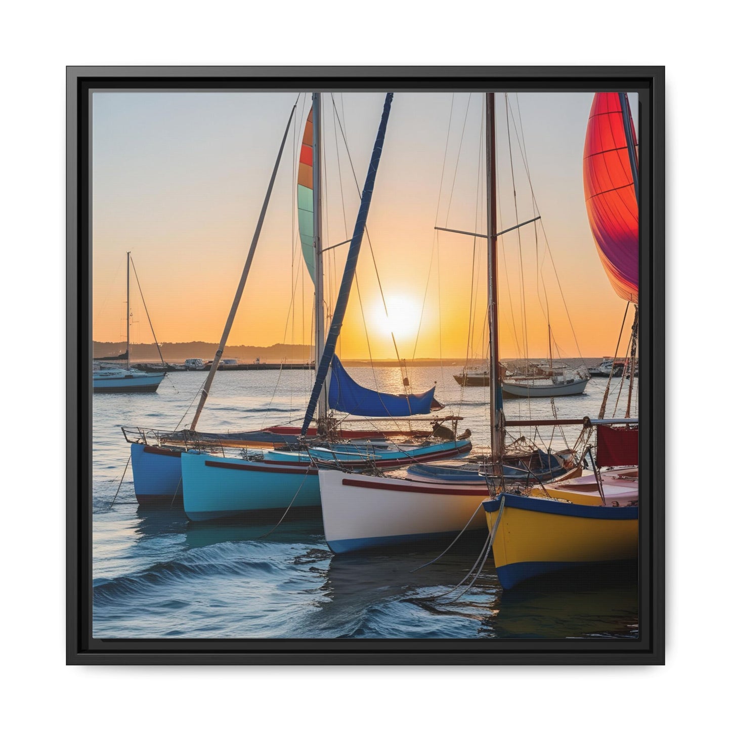 Sailboats at Sunset in Harbor Framed Canvas Wall Art Beach Lover Vacation Oceanic Gift Nature Lover Peaceful Zen Sunrise Art 3 frame colors