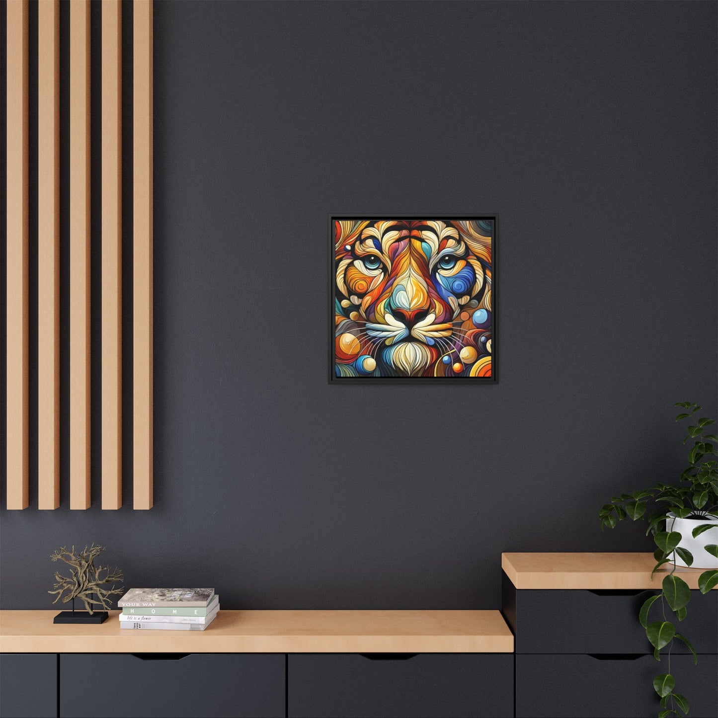 Modern Lion Face Print Abstract Design Unique Framed Canvas Print King of Jungle Wall Art Animal Lover Nature Lover Decor 3 frame colors