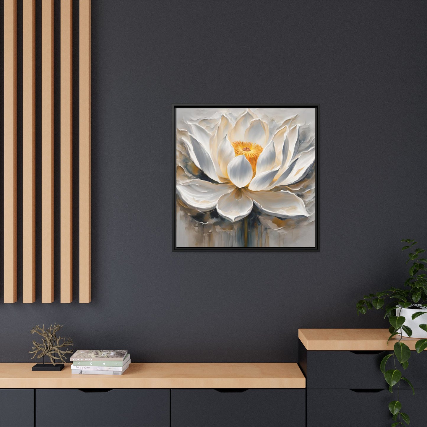 Modern Abstract Floral Design Unique Framed Canvas Wall Art White Lotus Gift Nature Lover Gift Garden Lover Gift 3 frame colors