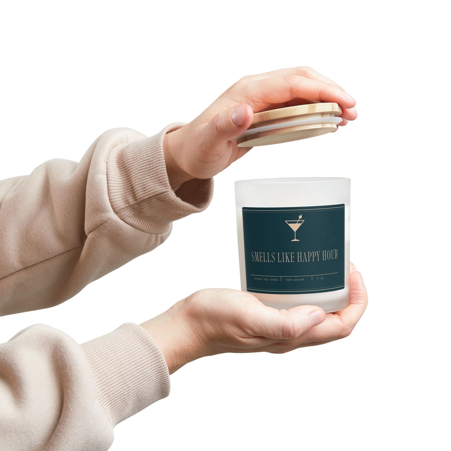 Artisanal Coconut Soy Frosted Glass Candle with Wooden Wick and Raw Maple Lid 11 oz Hand Poured Happy Hour Cocktails Candle 50 hr burn time