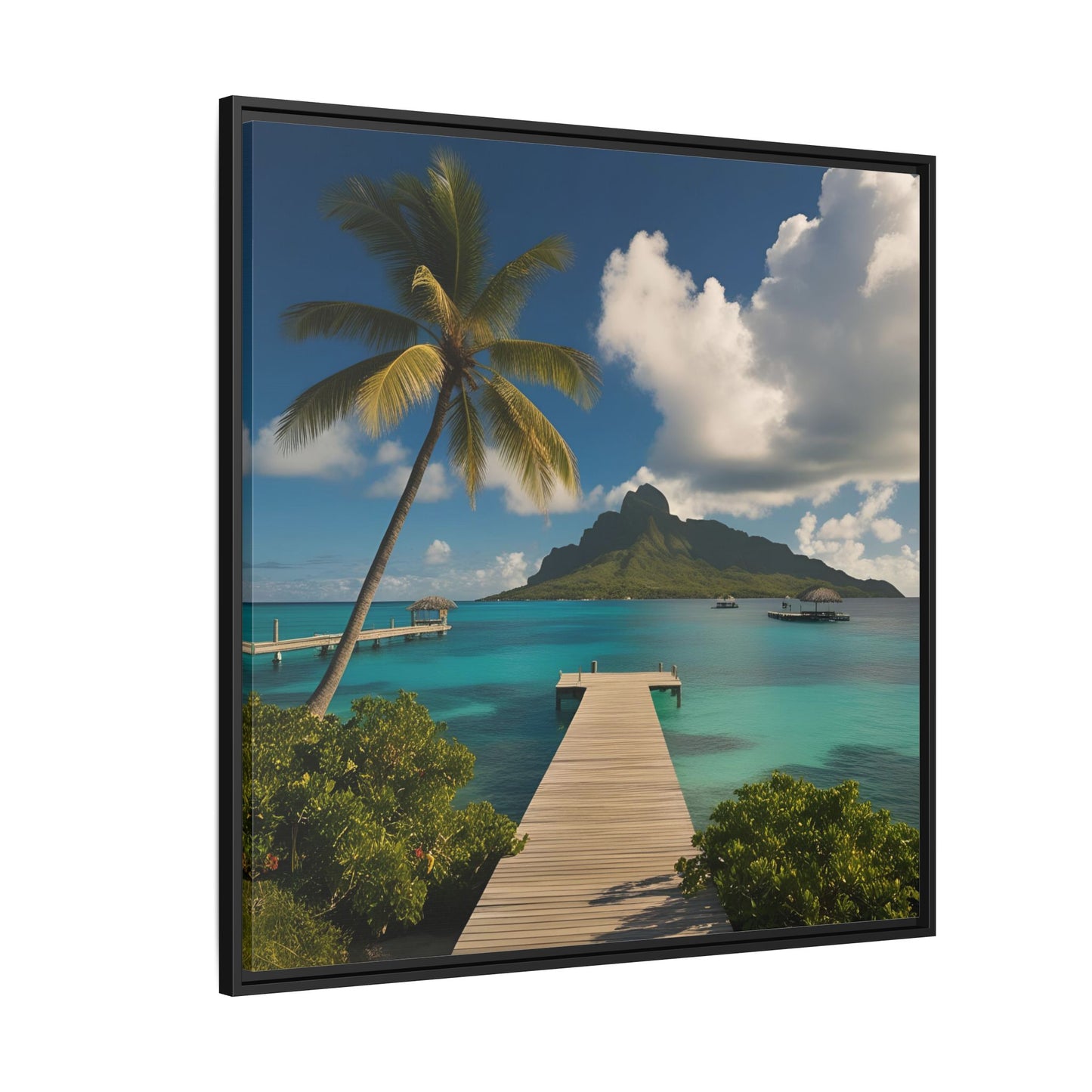 Tropical Island Calm Sunny Day Framed Canvas Wall Art Volcano Beach Vacation Oceanic Gift Nature Lover Peaceful Zen Gift 3 frame colors
