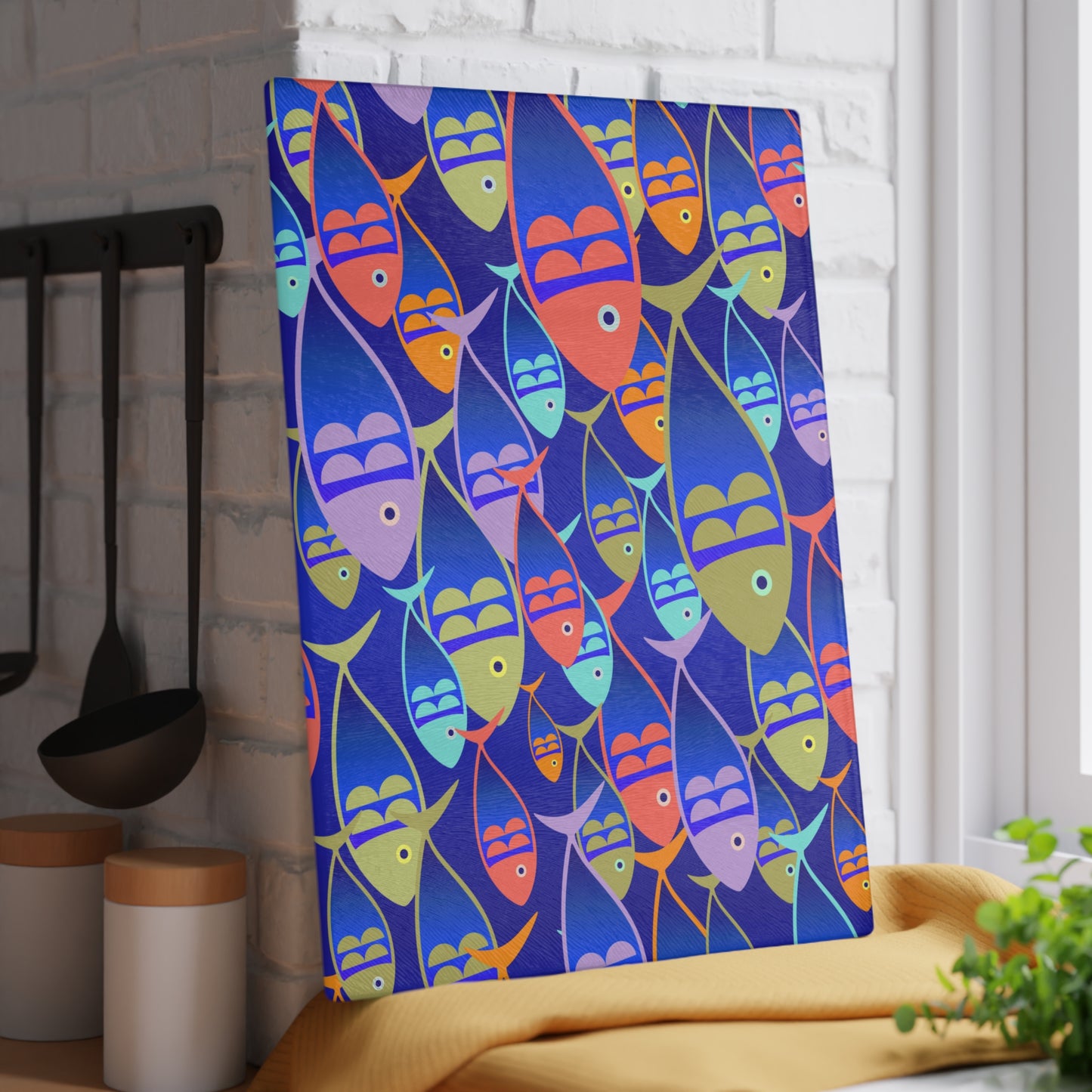 Kitchen Decor Glass Cutting Board Serving Tray with Fish Design Cutting Board Gift for Home Cook Fun Charcuterie Board