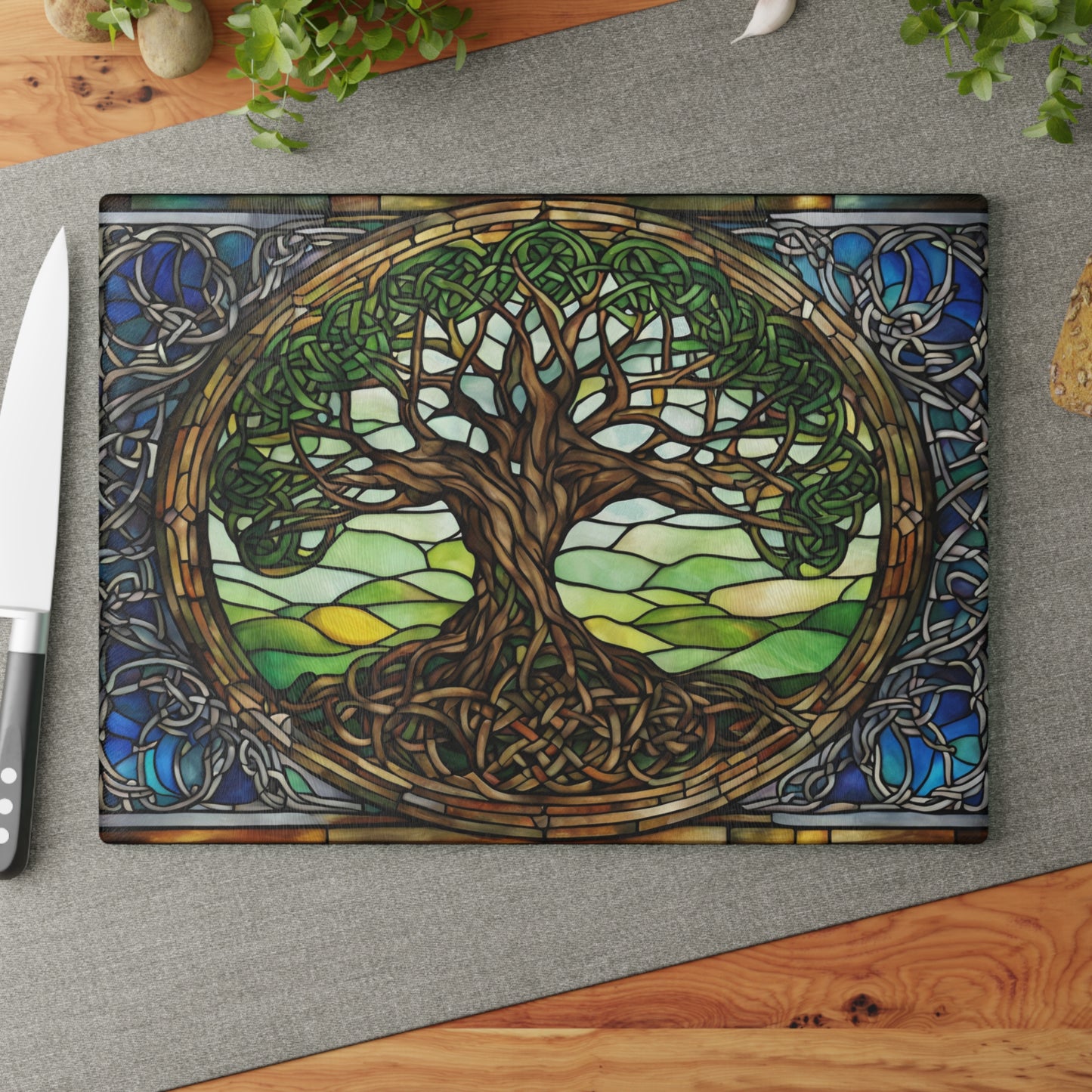 Kitchen Decor Glass Cutting Board Serving Tray with Tree of Life Design Cutting Board Gift for Home Cook Glass Charcuterie Board