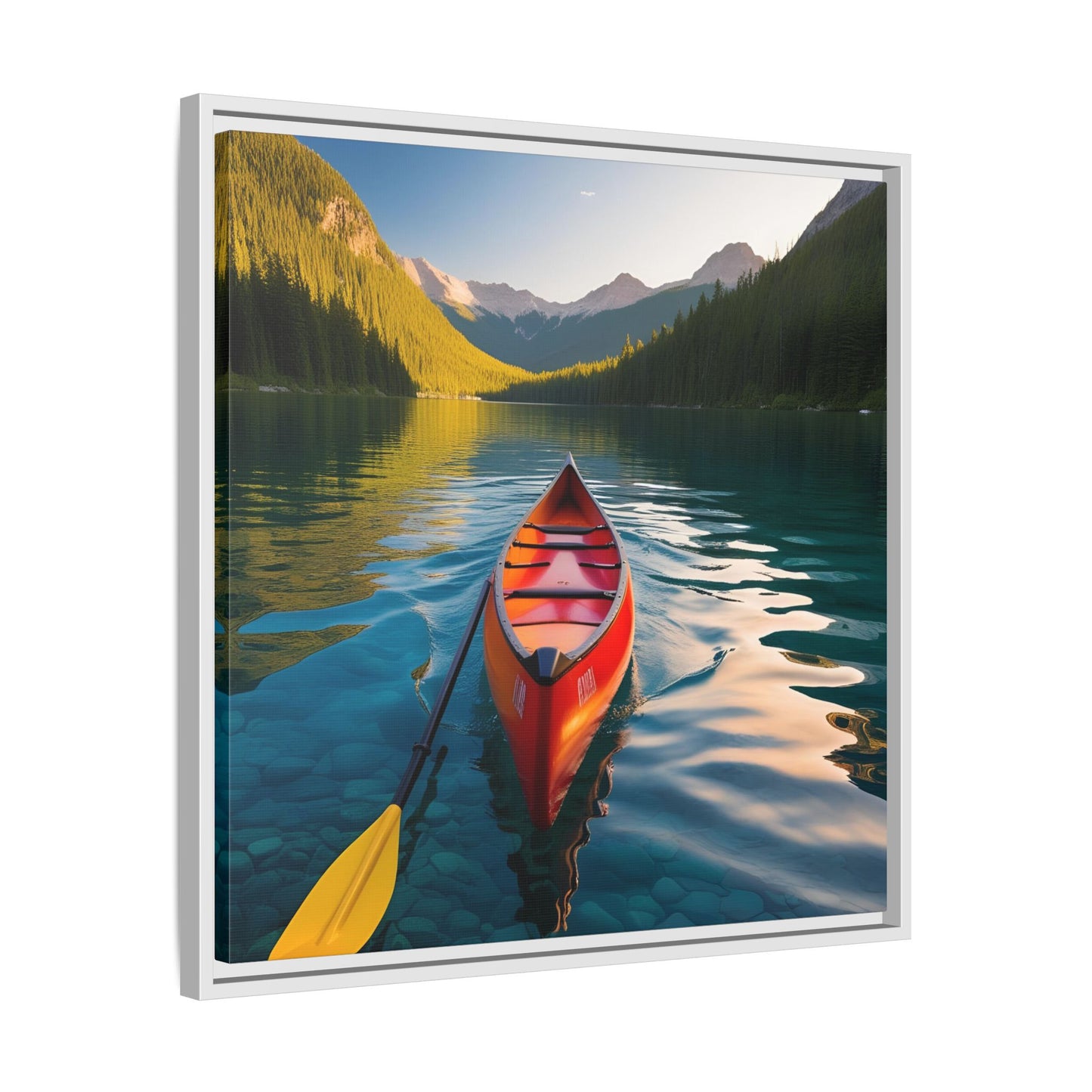Canoe in the River Framed Canvas Wall Art Mountain Lover Outdoorsman Vacation Kayak Gift Nature Lover Peaceful Zen Gift 3 frame colors