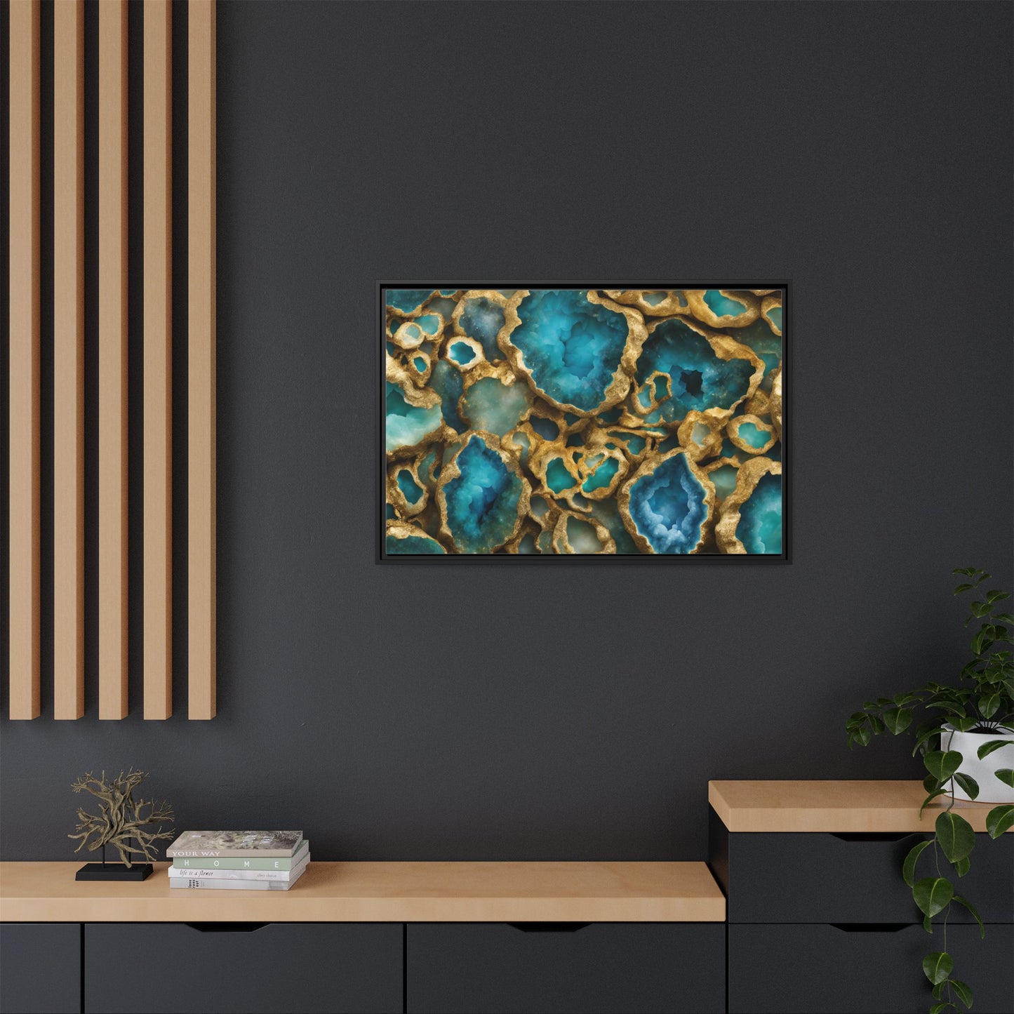 Blue, Green and Gold Quartz Crystal Geode Design Print Matte Canvas Wall Art Nature Lover Gift Geology Rock Lover Gift 3 frame color choices