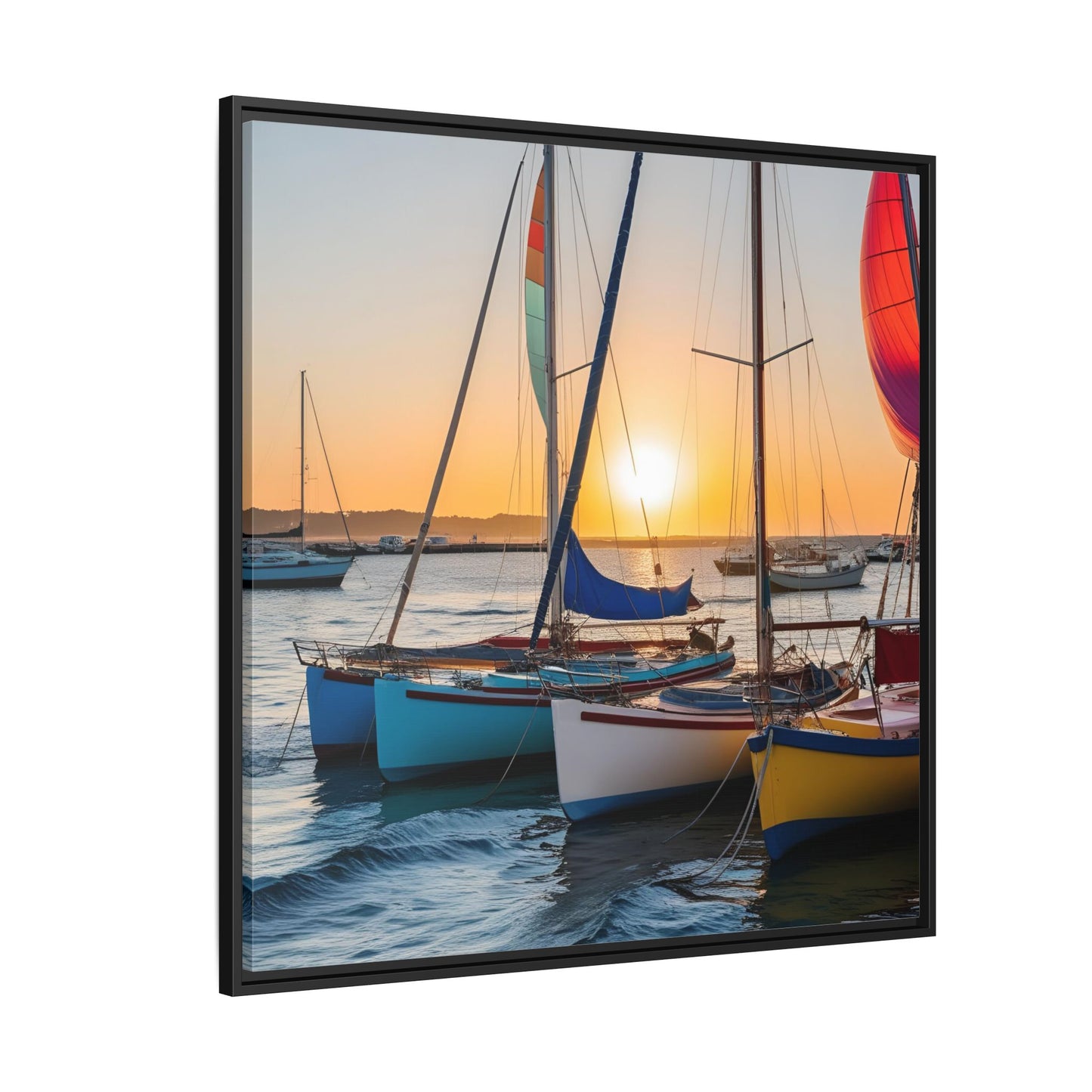 Sailboats at Sunset in Harbor Framed Canvas Wall Art Beach Lover Vacation Oceanic Gift Nature Lover Peaceful Zen Sunrise Art 3 frame colors