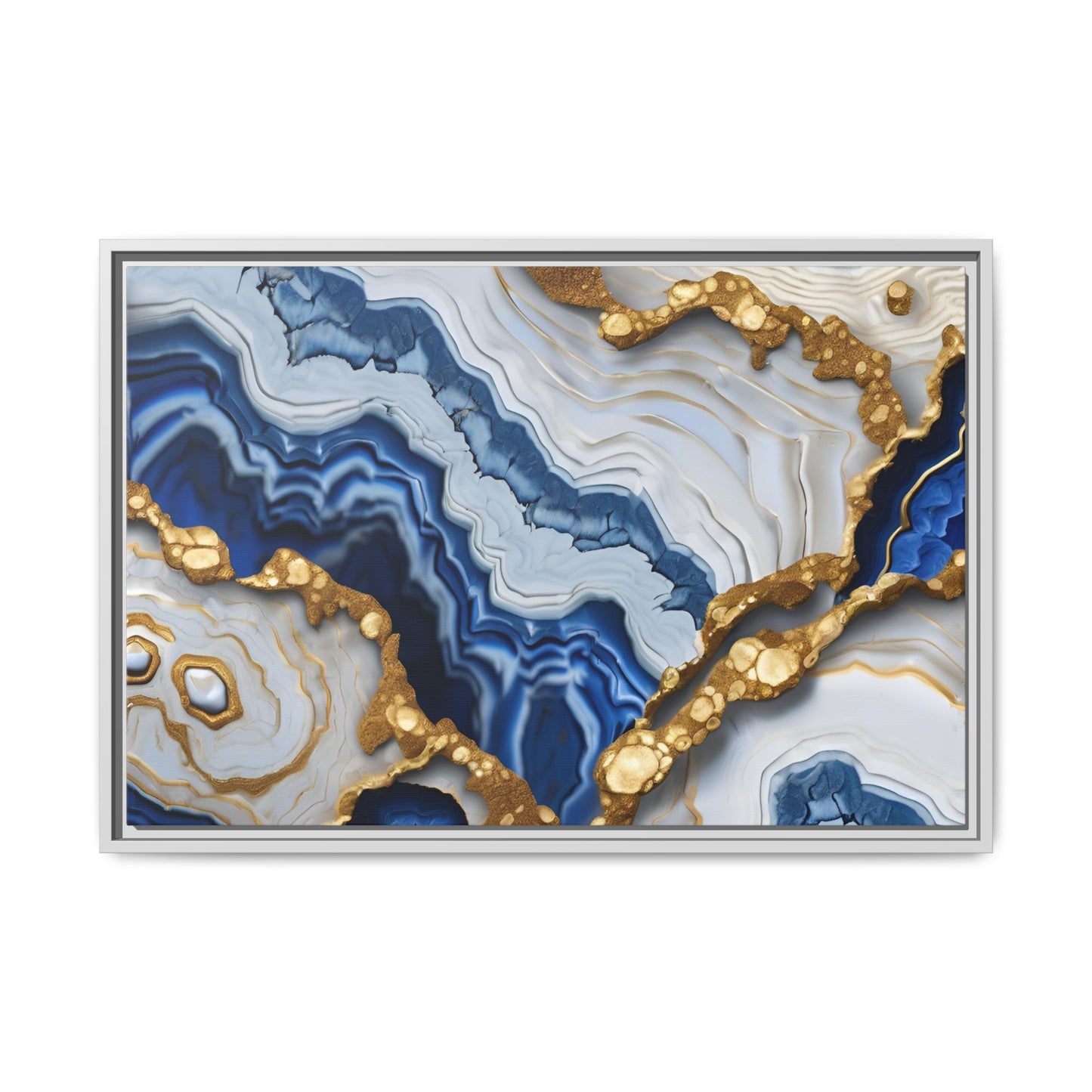 Blue, White and Gold Quartz Crystal Geode Design Print Matte Canvas Wall Art Nature Lover Gift Geology Rock Lover Gift 3 frame color choices