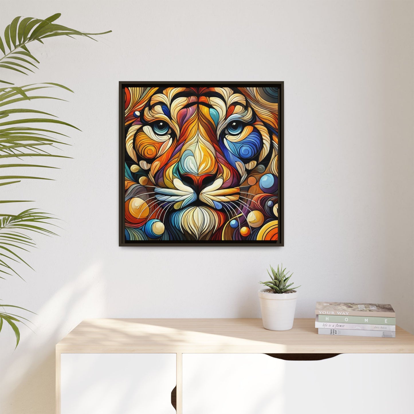 Modern Lion Face Print Abstract Design Unique Framed Canvas Print King of Jungle Wall Art Animal Lover Nature Lover Decor 3 frame colors